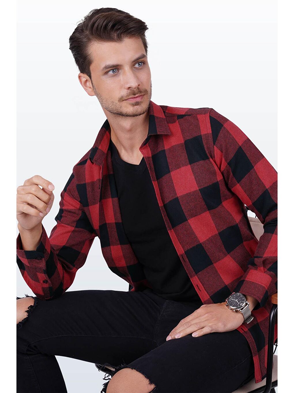 Kırmızı Siyah Dama Desenli Slimfit Oduncu Erkek Gömlek-4