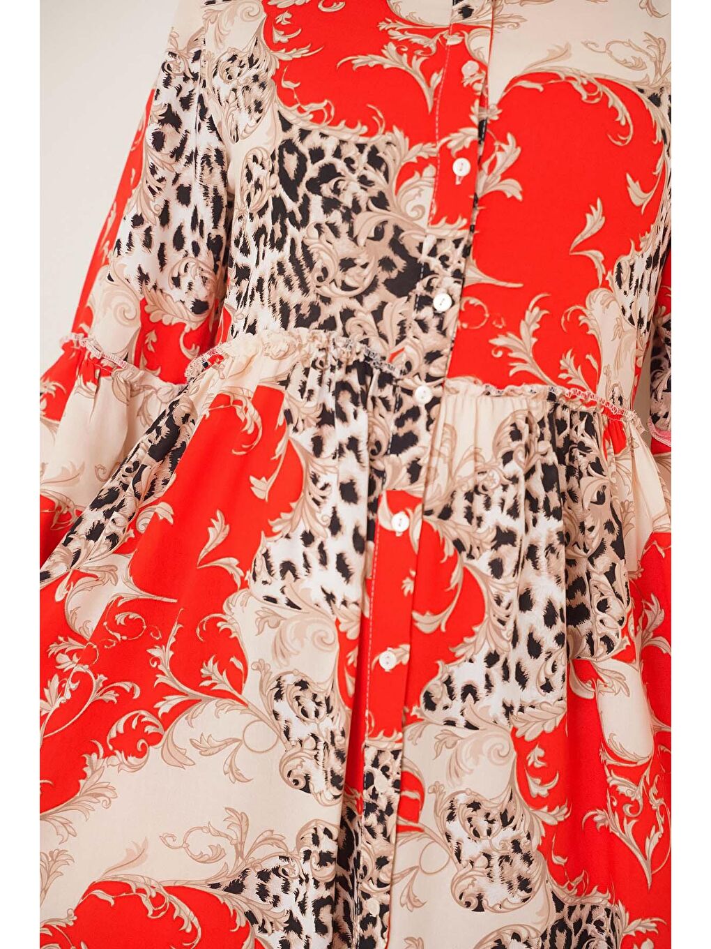 2295 Gömlek Yaka Tesettür Elbise - Kırmızı-2