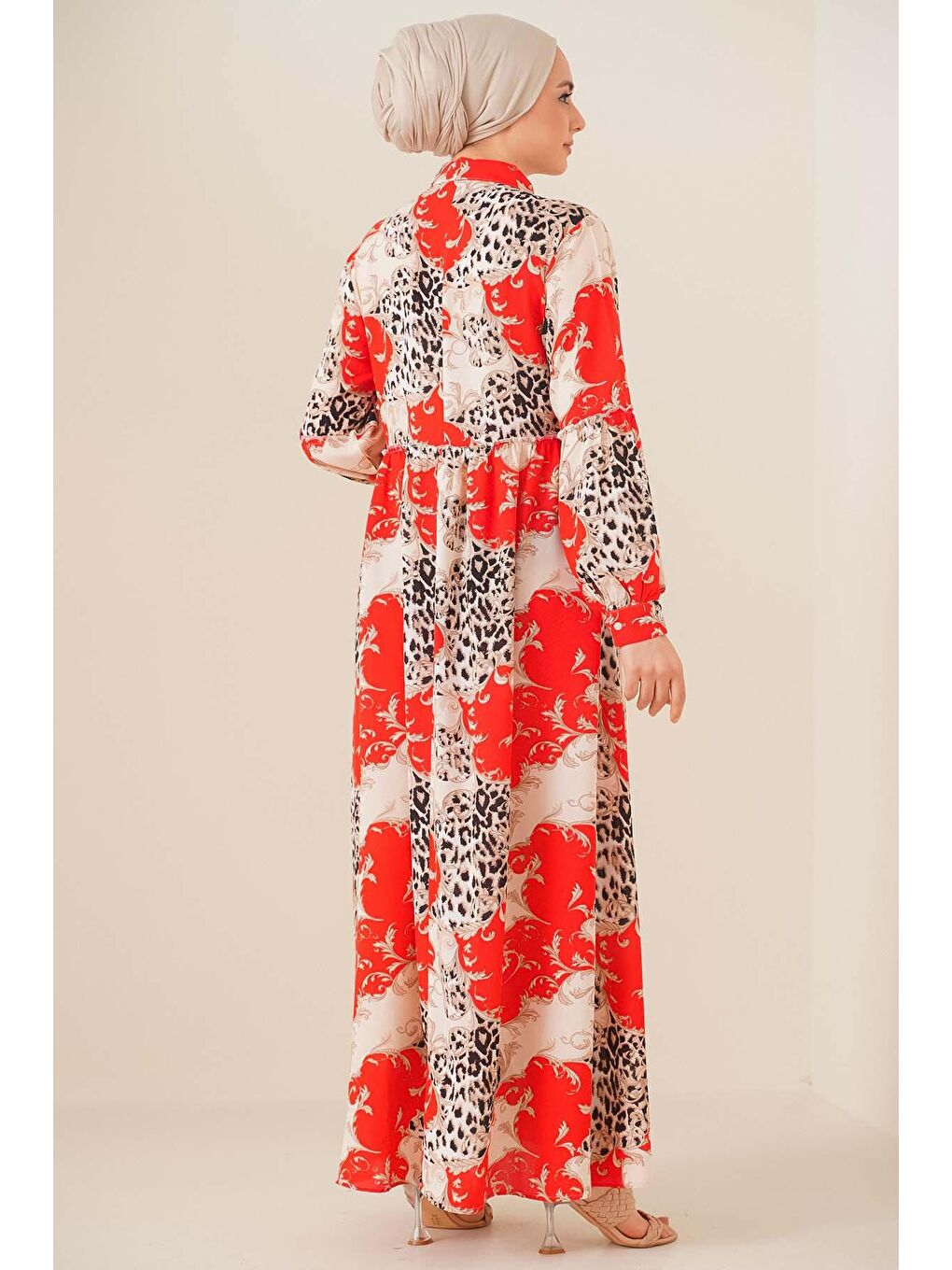 2295 Gömlek Yaka Tesettür Elbise - Kırmızı-3