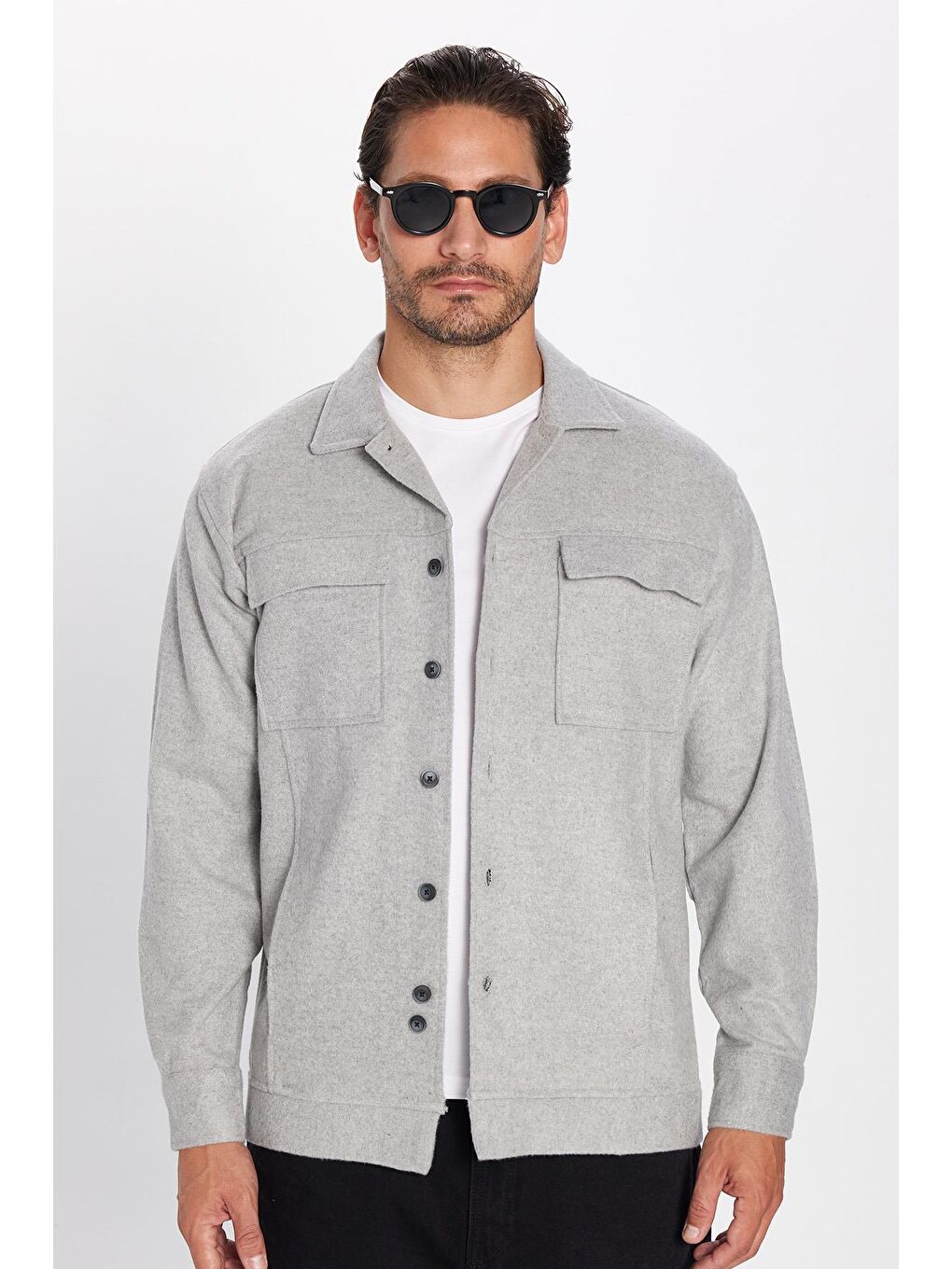 Erkek Relax Fit Rahat Kesim Cepli Düz Apaş Yaka Gri Mont Gömlek-1
