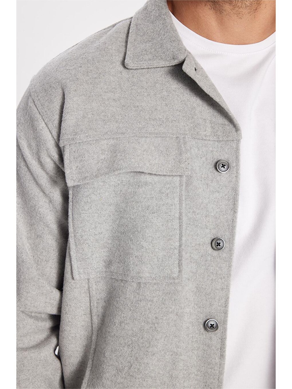 Erkek Relax Fit Rahat Kesim Cepli Düz Apaş Yaka Gri Mont Gömlek-3