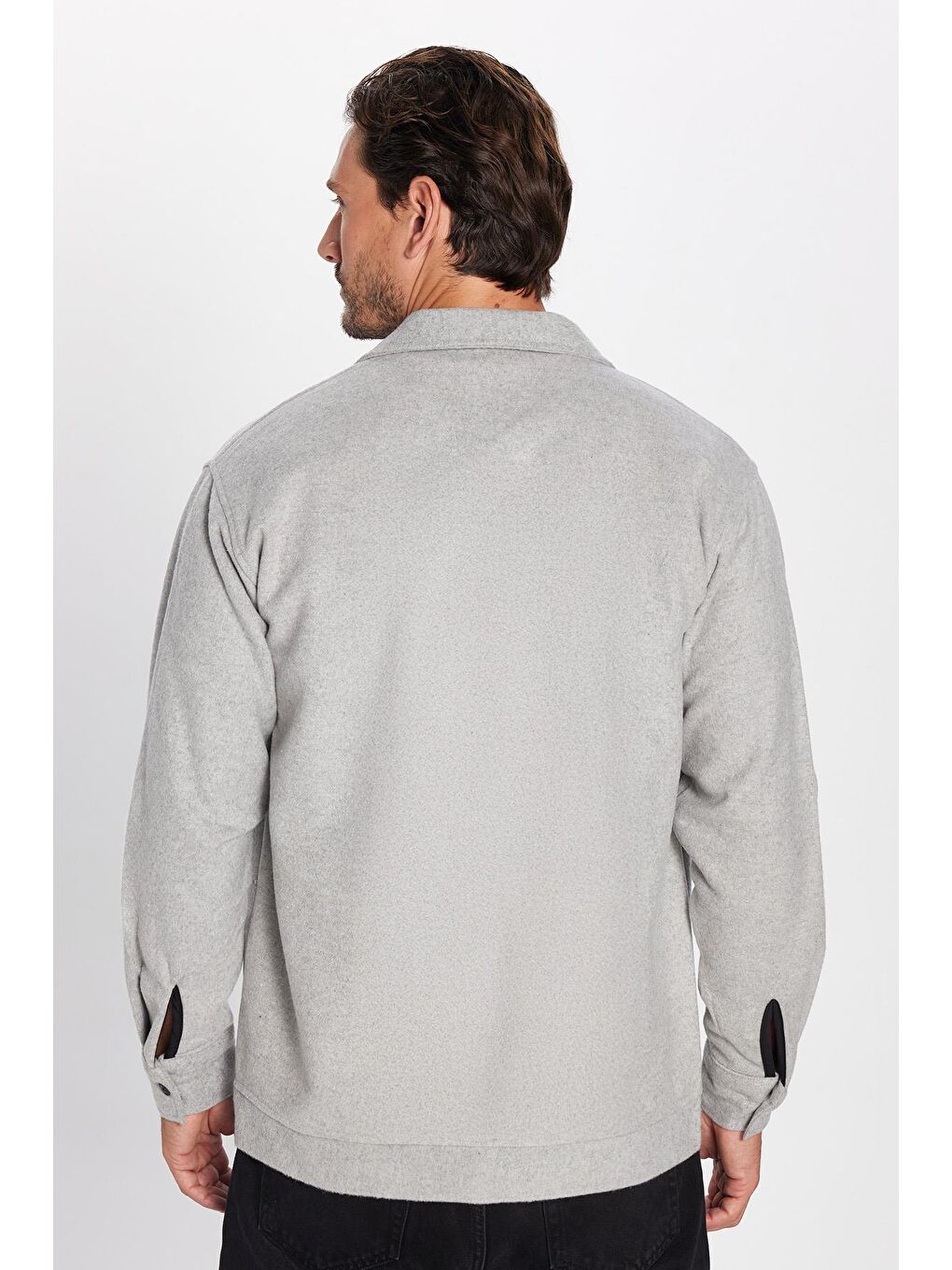 Erkek Relax Fit Rahat Kesim Cepli Düz Apaş Yaka Gri Mont Gömlek-4