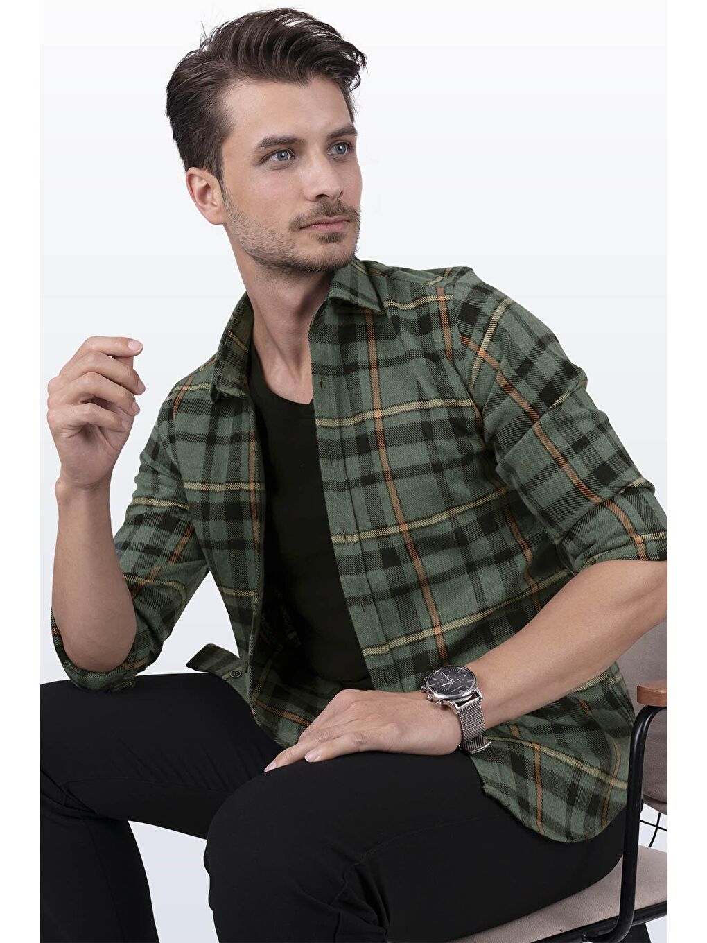 Yeşil Turuncu Çizgili SlimFit %100 Pamuk Erkek Oduncu Gömlek-1