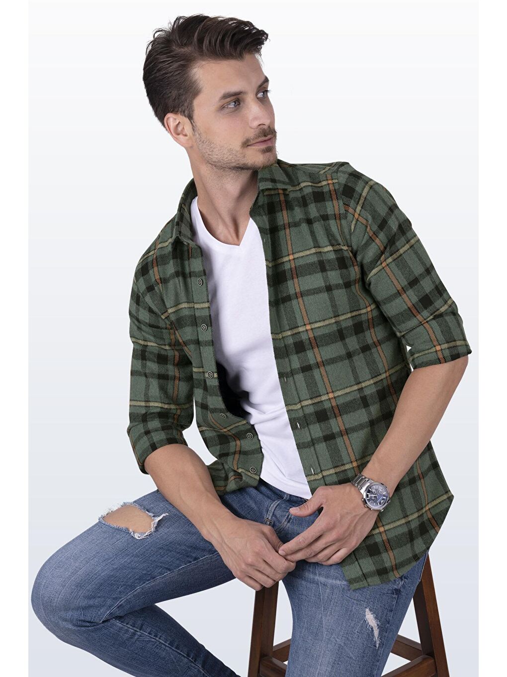 Yeşil Turuncu Çizgili SlimFit %100 Pamuk Erkek Oduncu Gömlek-2