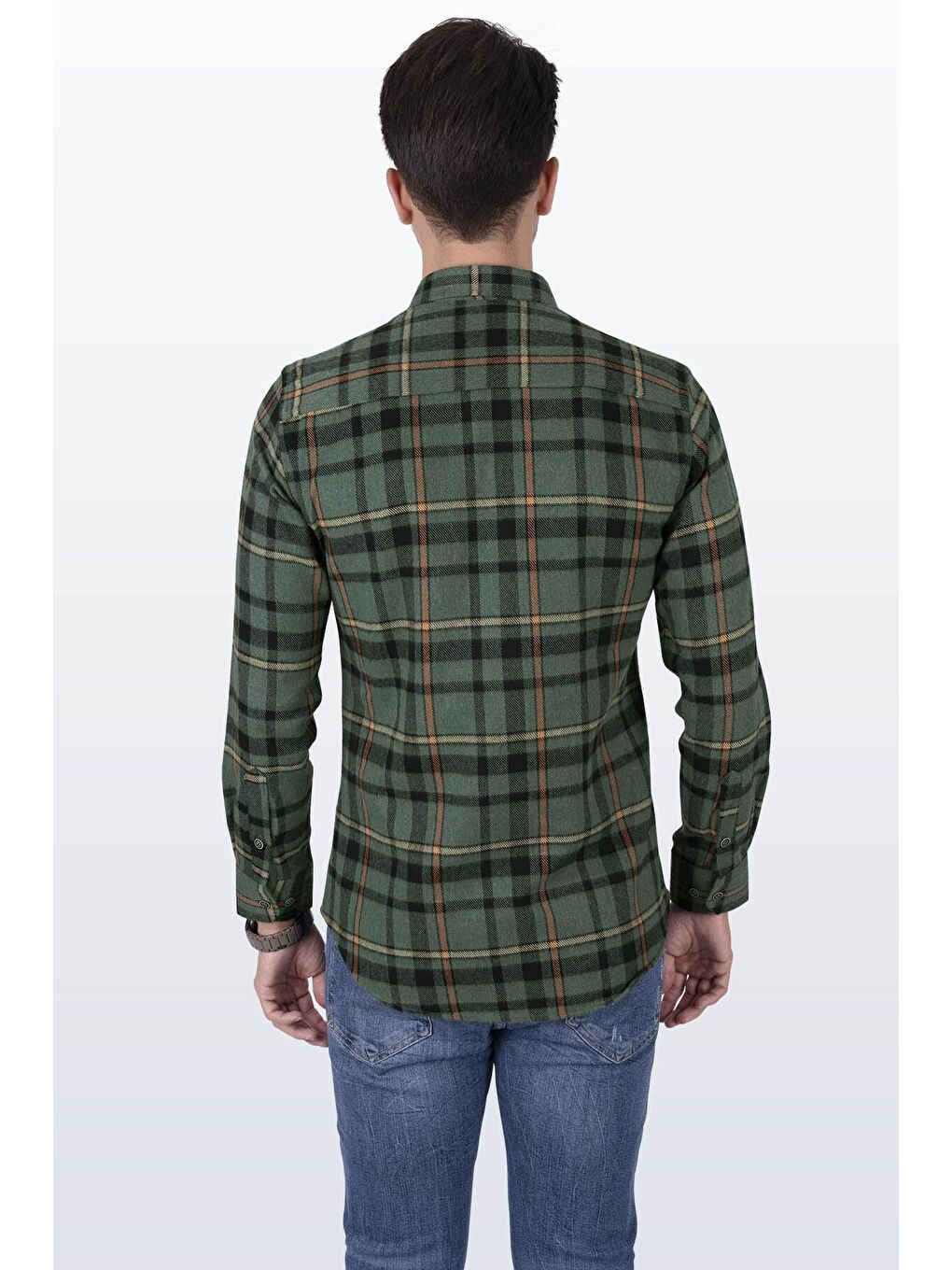 Yeşil Turuncu Çizgili SlimFit %100 Pamuk Erkek Oduncu Gömlek-5