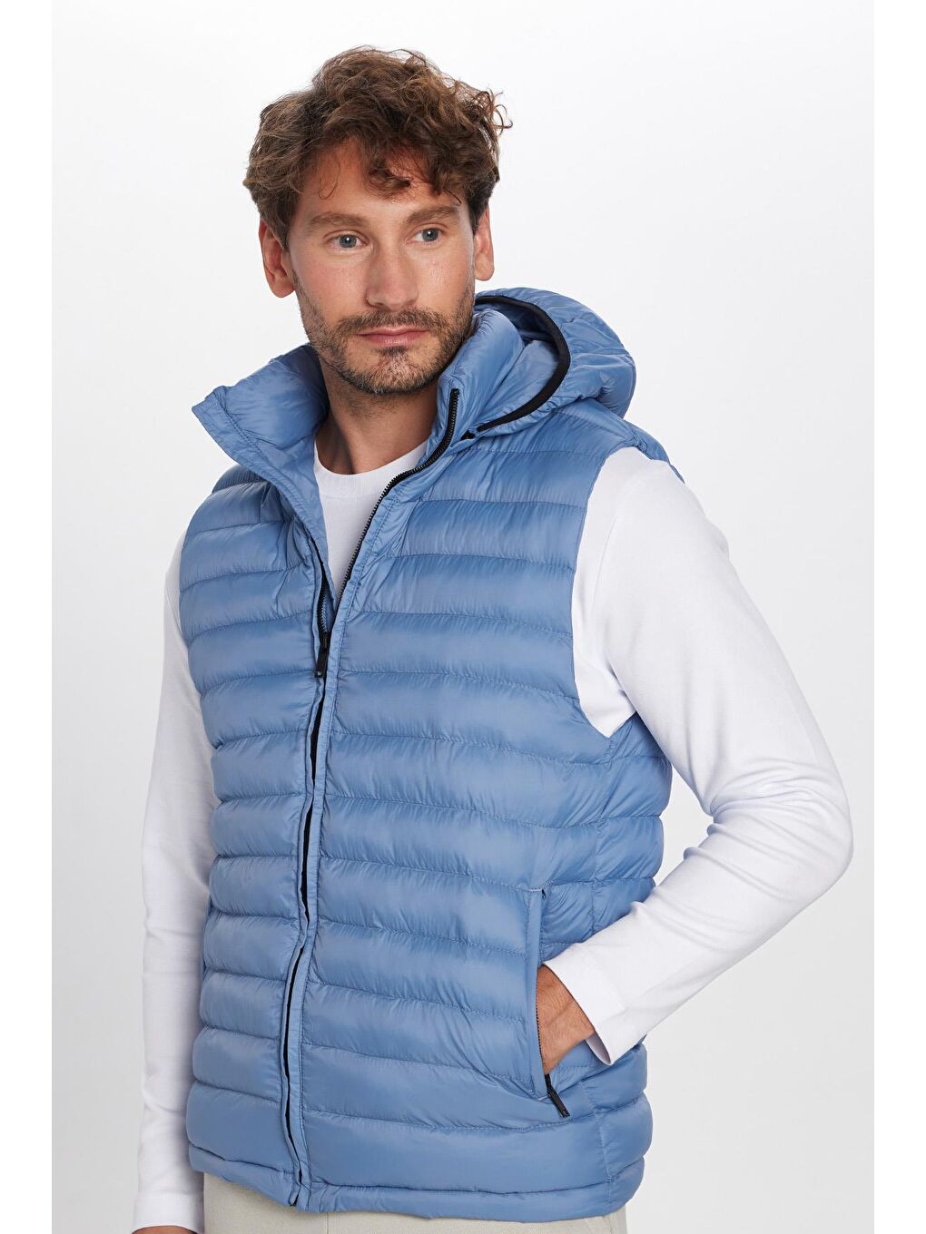 Lacivert Erkek Slim Fit Dar Kesim Astarlı Rüzgar Geçirmez Cepli Mavi Çıkarılabilir Kapüşonlu Şişme Yelek-1