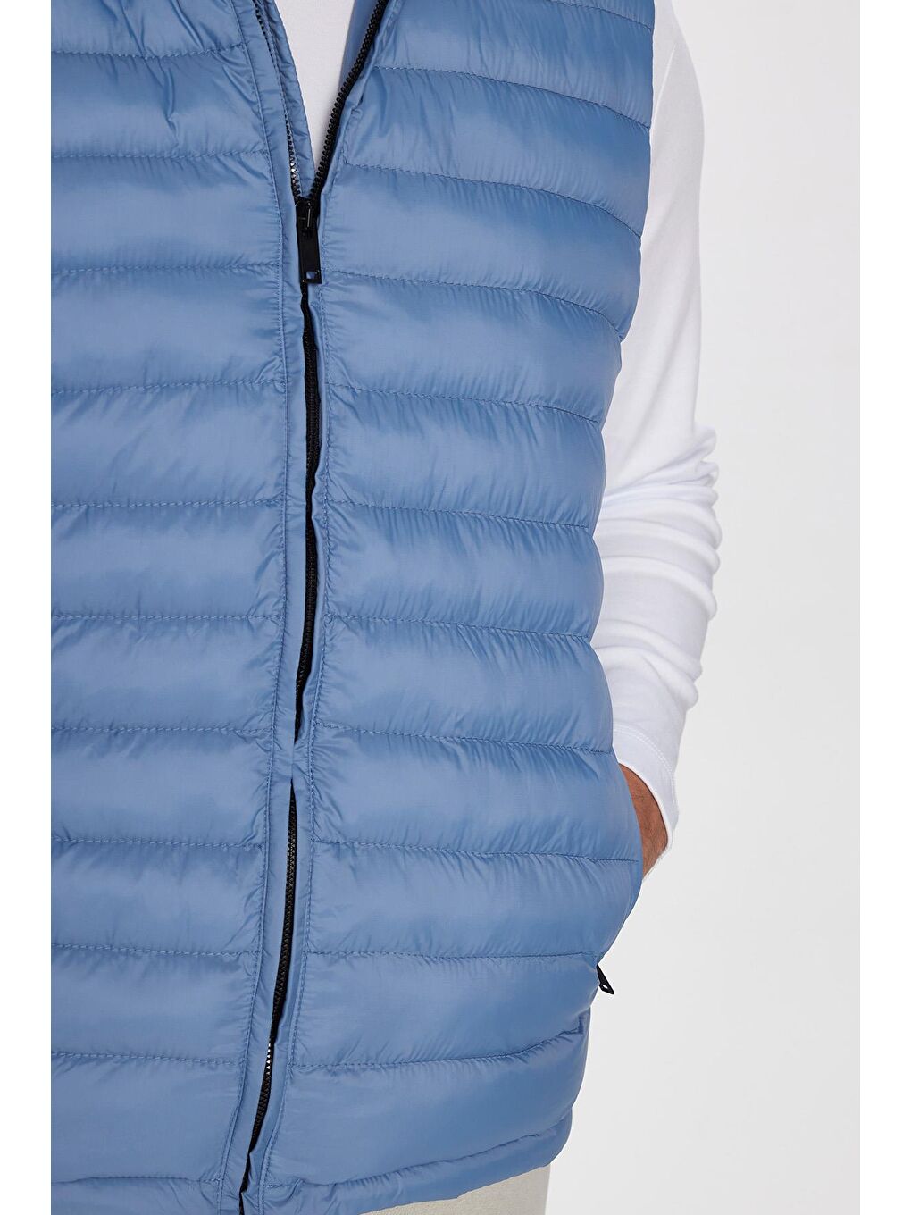 Lacivert Erkek Slim Fit Dar Kesim Astarlı Rüzgar Geçirmez Cepli Mavi Çıkarılabilir Kapüşonlu Şişme Yelek-2