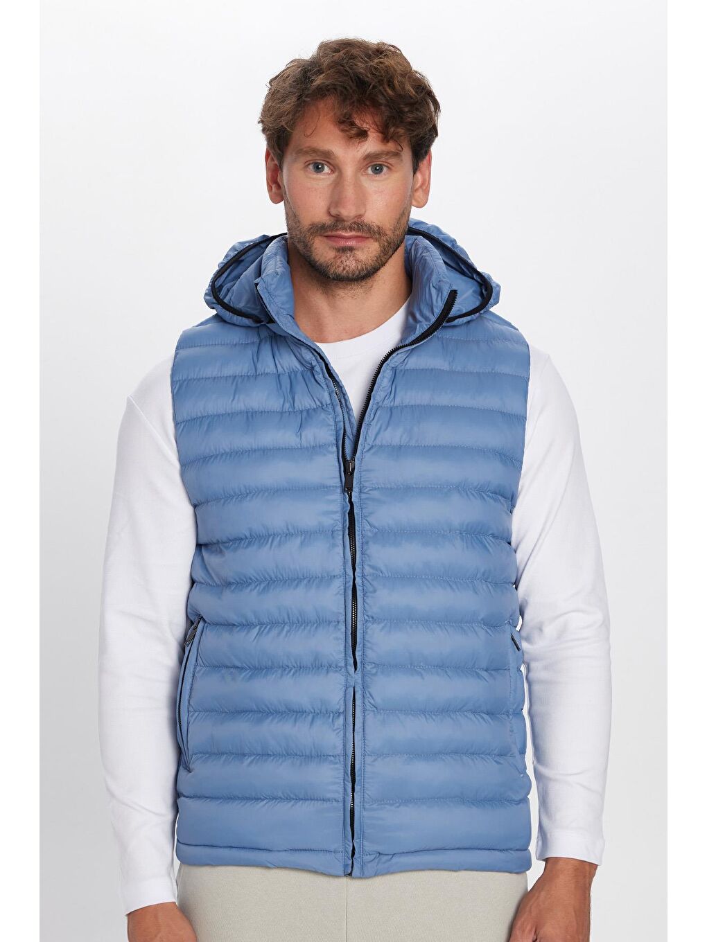 Lacivert Erkek Slim Fit Dar Kesim Astarlı Rüzgar Geçirmez Cepli Mavi Çıkarılabilir Kapüşonlu Şişme Yelek-3