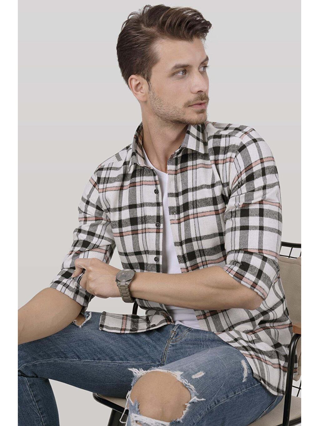 Beyaz Siyah Çizgili SlimFit %100 Pamuk Erkek Oduncu Gömlek