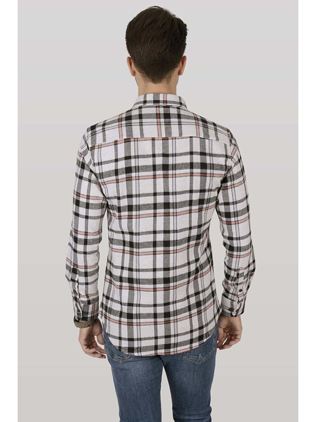 Beyaz Siyah Çizgili SlimFit %100 Pamuk Erkek Oduncu Gömlek-6