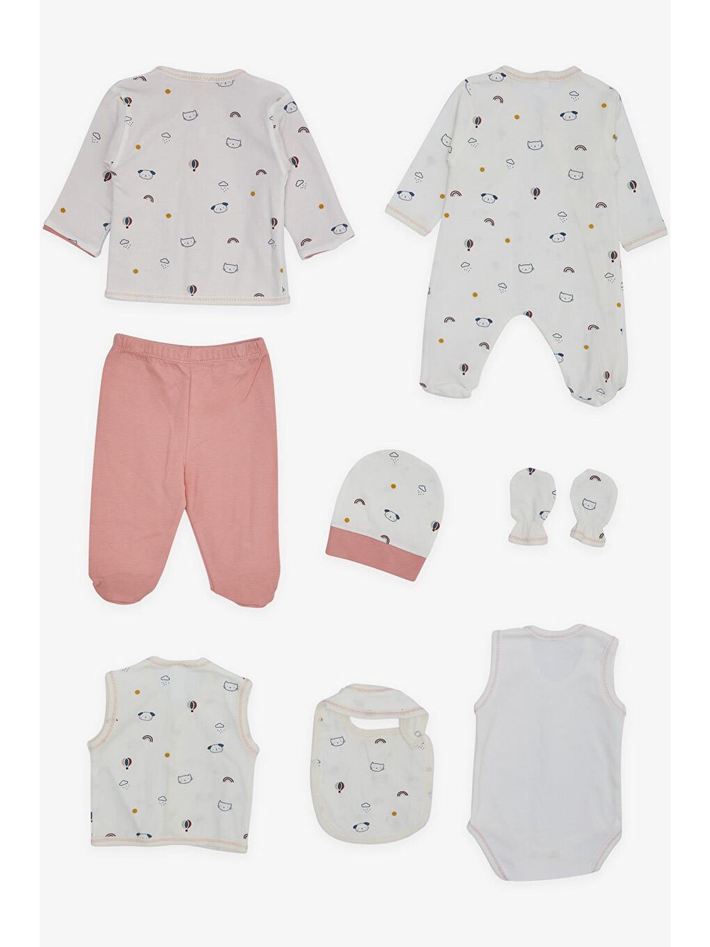 Kız Bebek Hastane Çıkışı 8 li Gökyüzü Temalı Hayvancık Desenli Ekru (0-3 Ay)-1