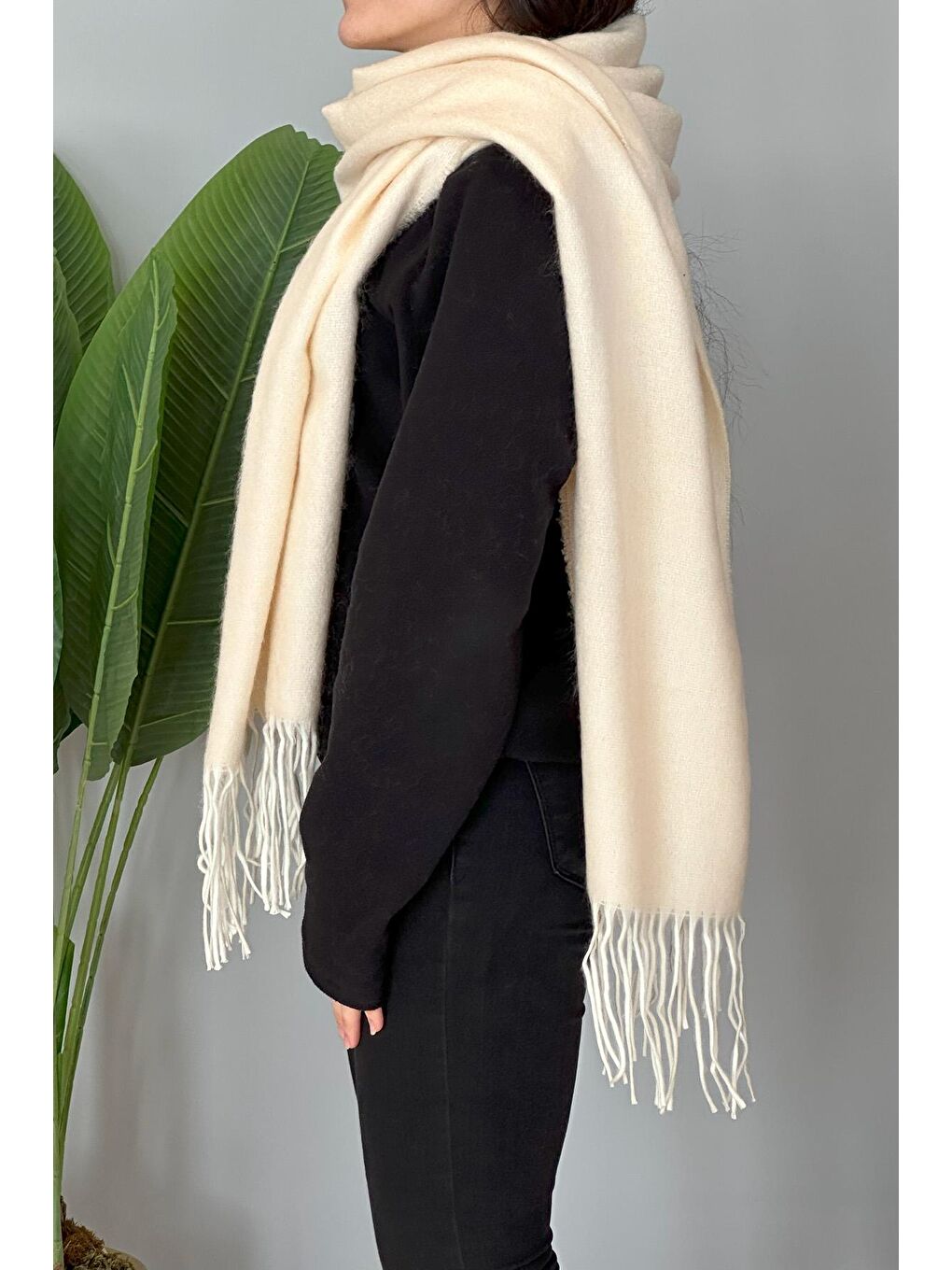 Püsküllü Buklet Atkı Şal 45X200 cm 1285 Bej-4