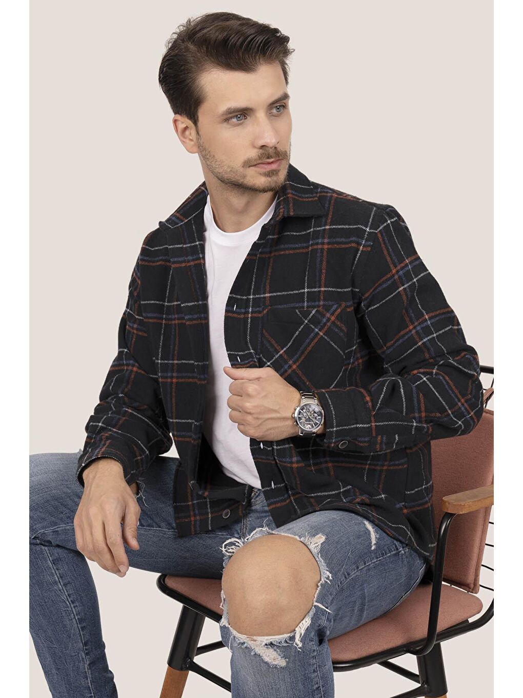 Siyah Kiremit Çizgili Oversize Kalın %100 Pamuk Erkek Oduncu Gömlek-2