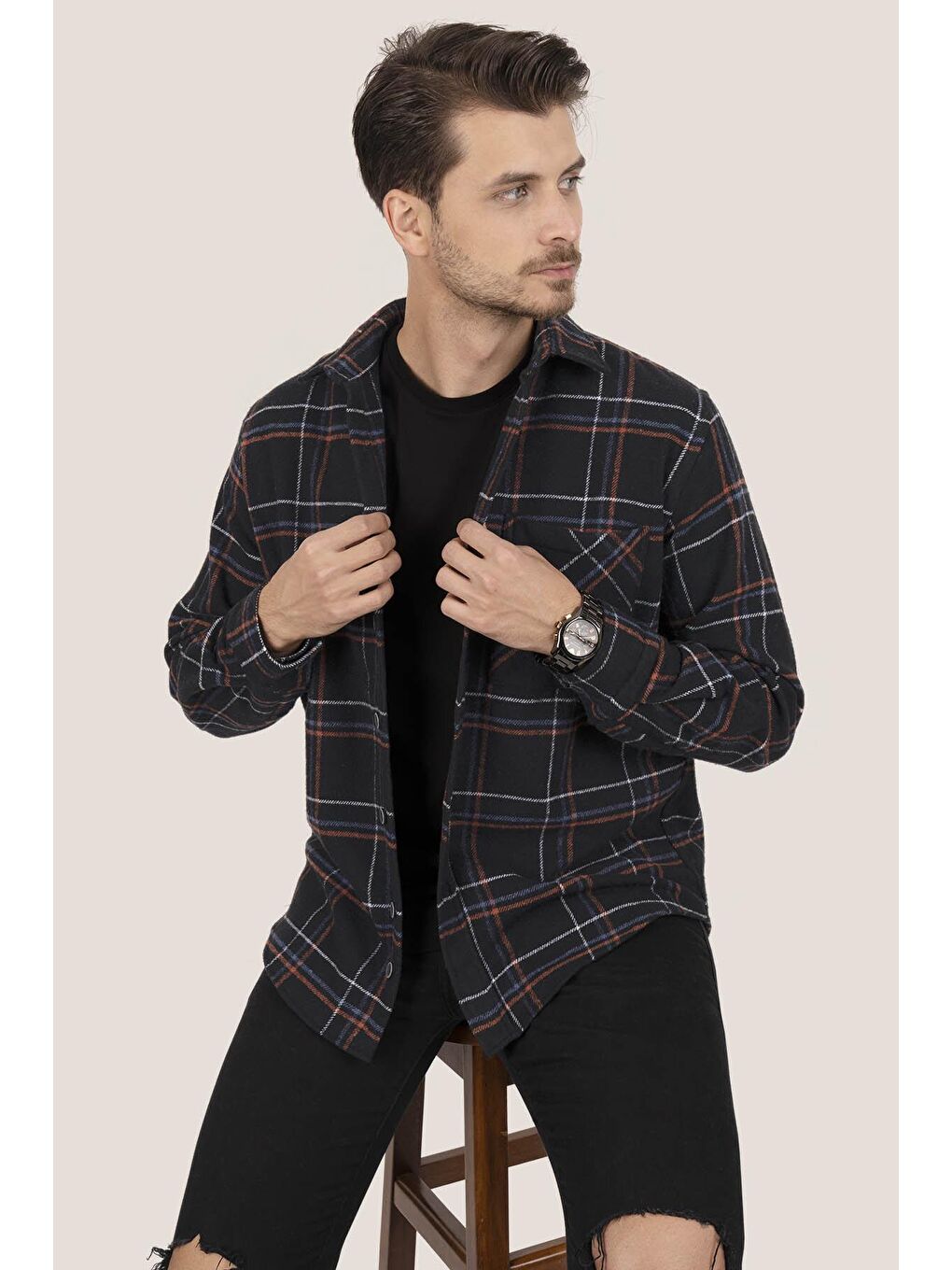 Siyah Kiremit Çizgili Oversize Kalın %100 Pamuk Erkek Oduncu Gömlek-4