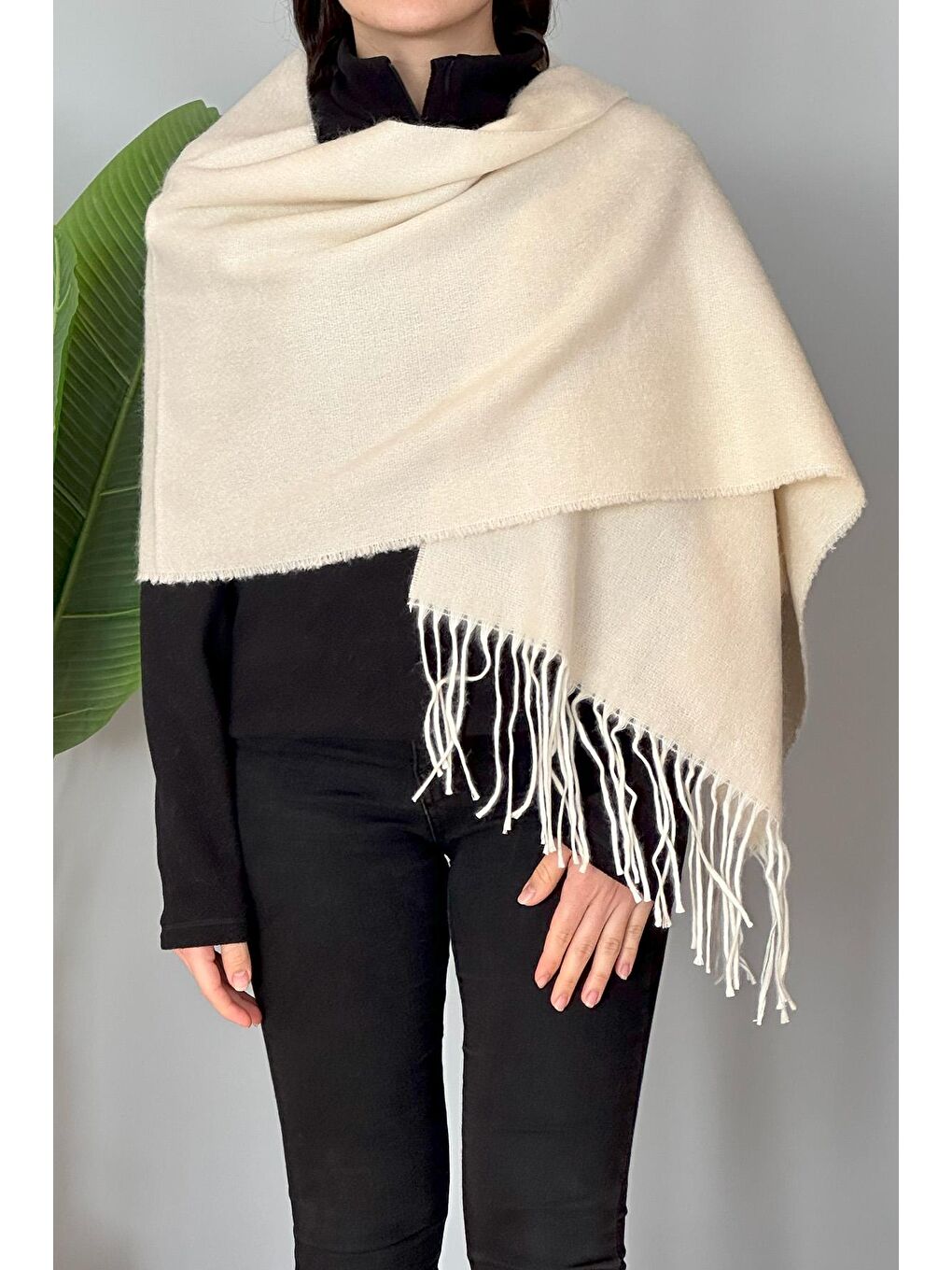 Püsküllü Buklet Atkı Şal 45X200 cm 1285 Bej