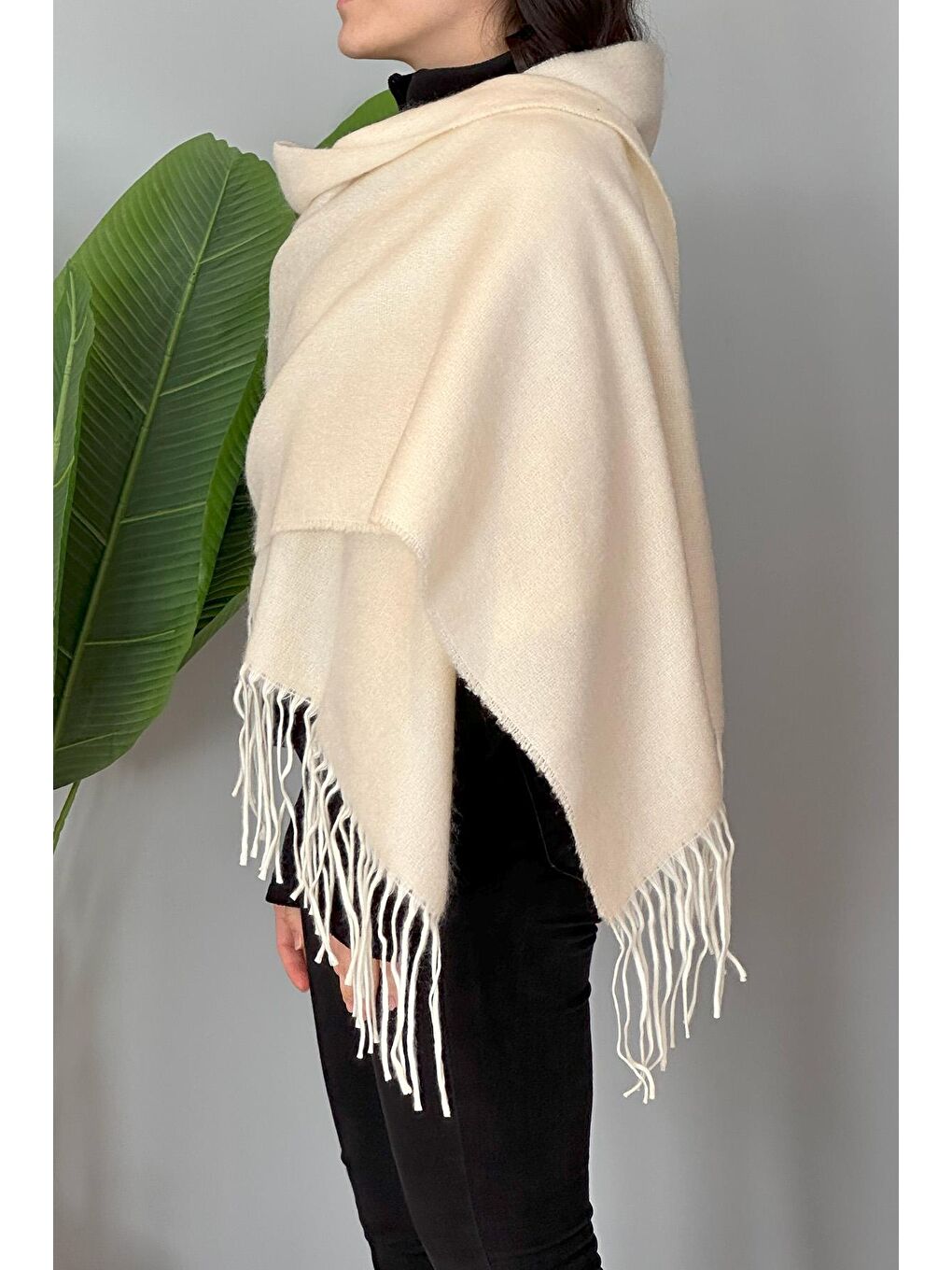 Püsküllü Buklet Atkı Şal 45X200 cm 1285 Bej-1