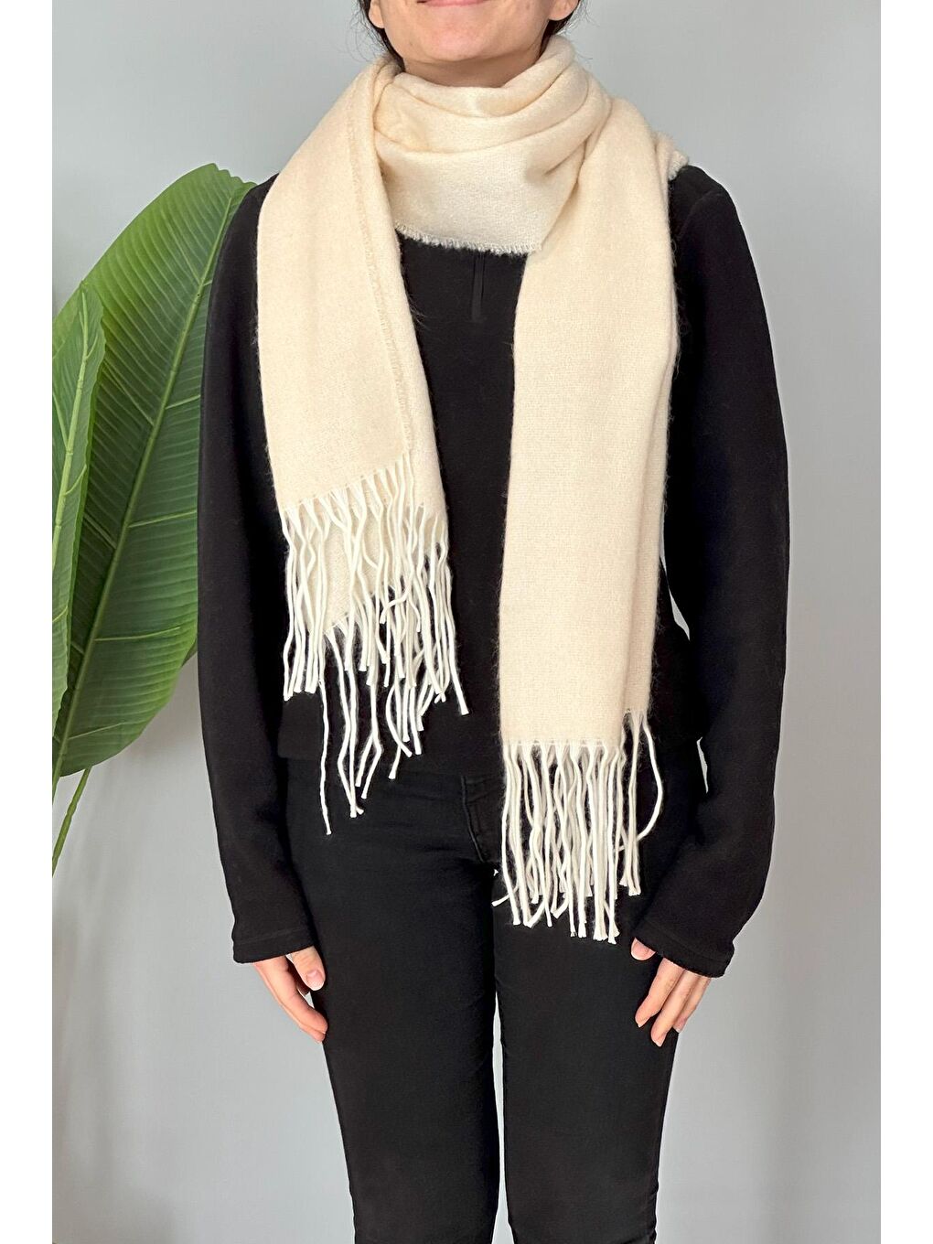 Püsküllü Buklet Atkı Şal 45X200 cm 1285 Bej-3