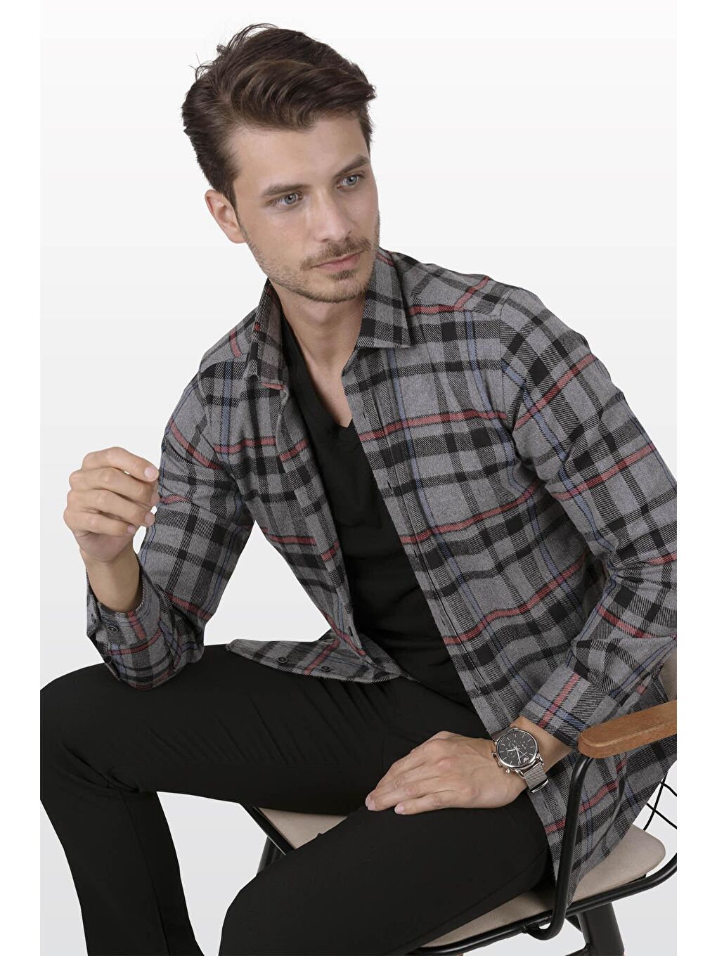 Gri Füme Kırmızı Çizgili SlimFit Oduncu Erkek Gömlek