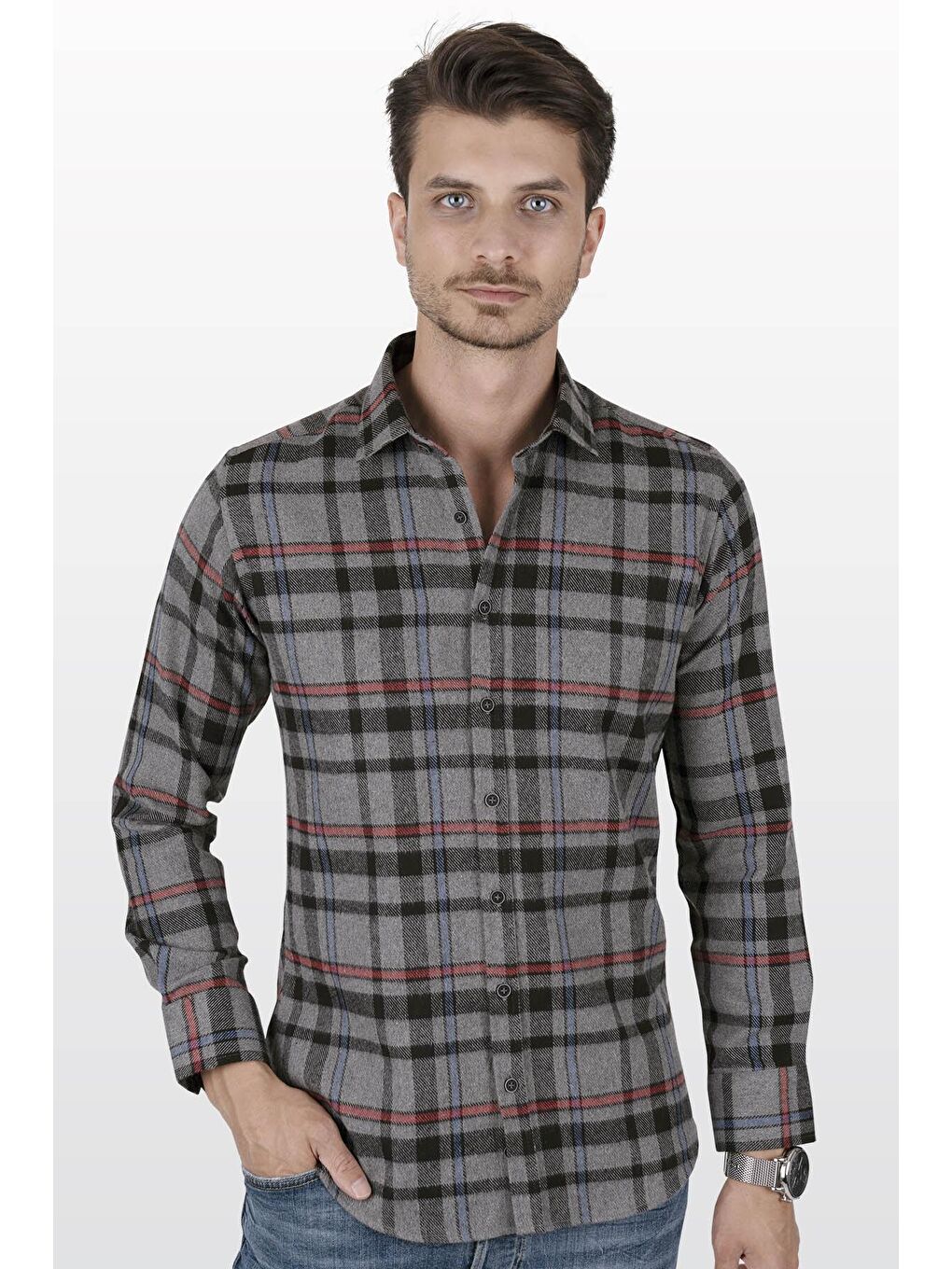 Gri Füme Kırmızı Çizgili SlimFit Oduncu Erkek Gömlek-4