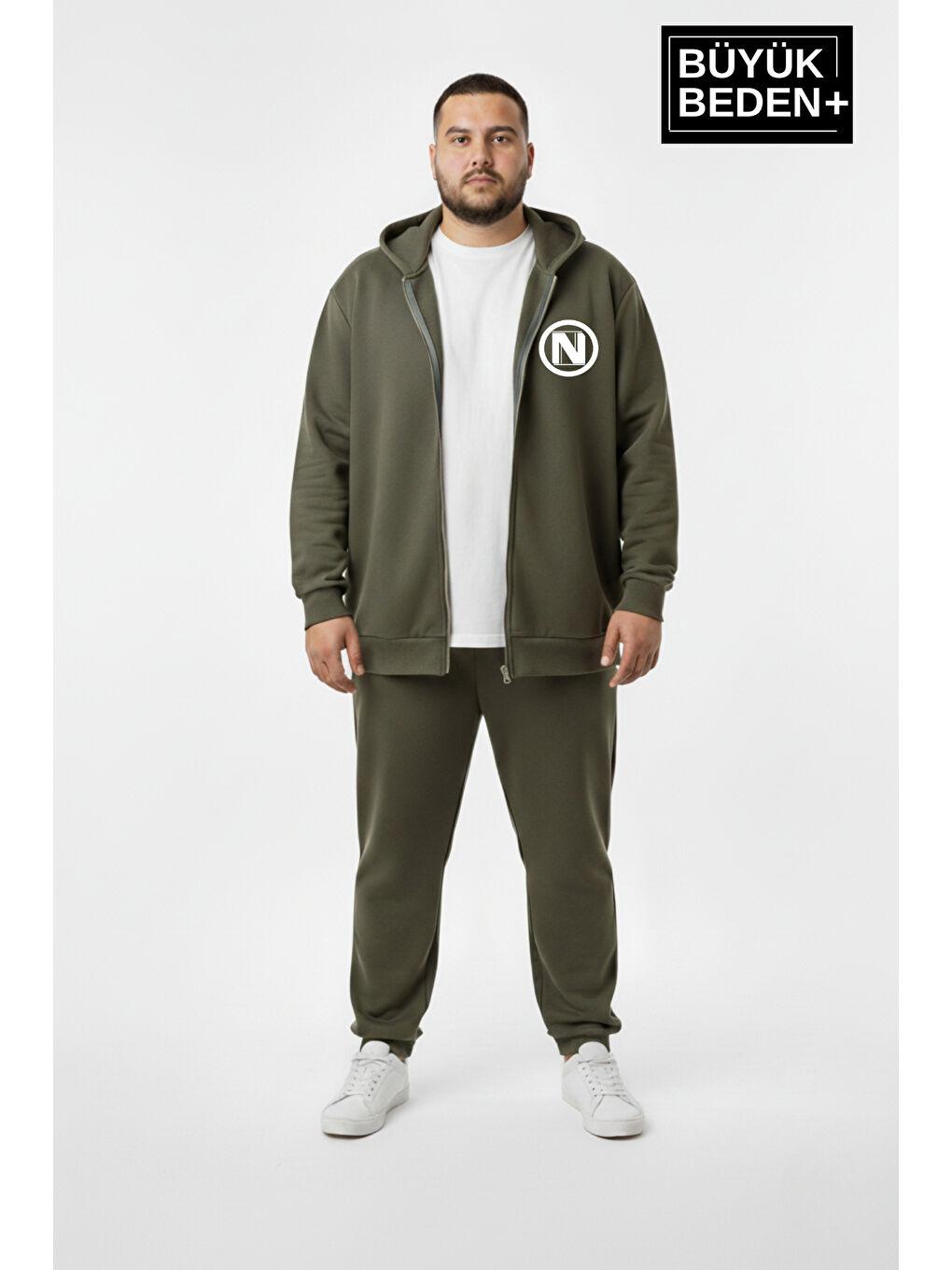 Haki Erkek Büyük Beden Kapüşonlu Fermuarlı N Baskılı ince Sweatshirt Hırka SPR26BHR922