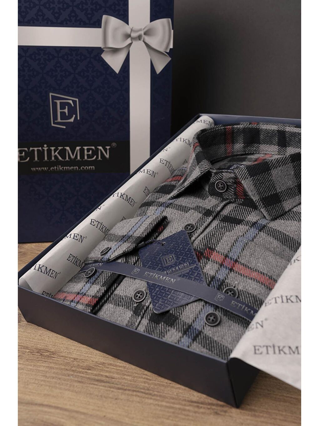 Gri Füme Kırmızı Çizgili SlimFit Oduncu Erkek Gömlek-5