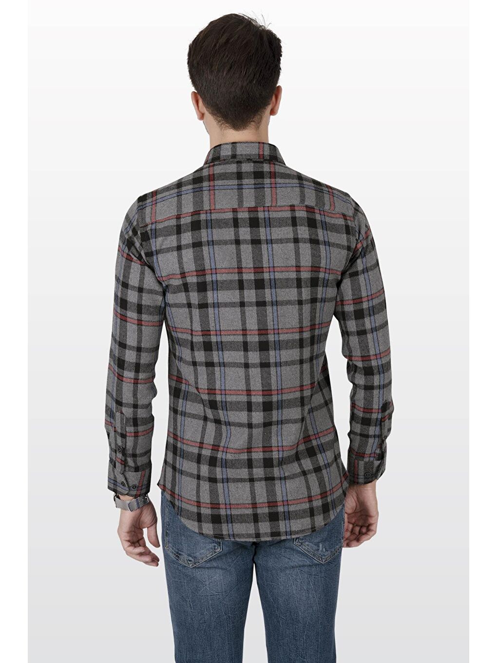 Gri Füme Kırmızı Çizgili SlimFit Oduncu Erkek Gömlek-6