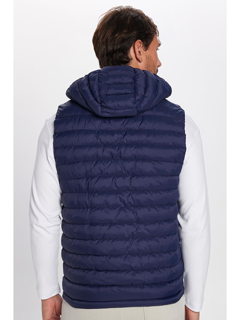 Mavi Erkek Slim Fit Dar Kesim Astarlı Rüzgar Geçirmez Cepli Lacivert Çıkarılabilir Kapüşonlu Şişme Yelek-4