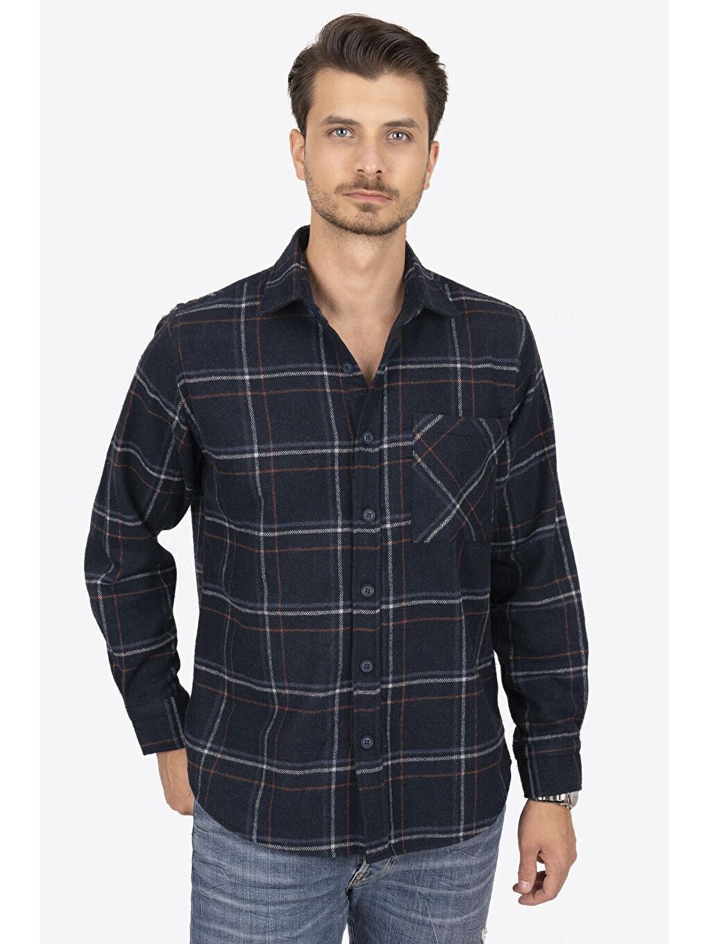 Lacivert Mavi Çizgili Oversize Kalın Oduncu Erkek Gömlek-1