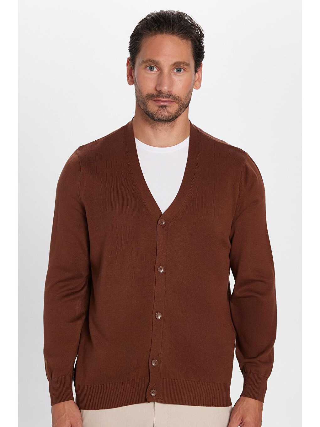 Erkek Standart Fit Normal Kesim Düğmeli Düz Pamuklu Kahverengi Hırka-3