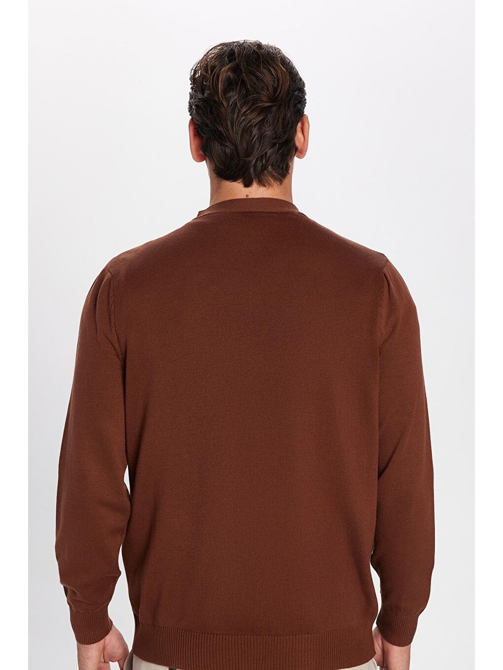 Erkek Standart Fit Normal Kesim Düğmeli Düz Pamuklu Kahverengi Hırka-4