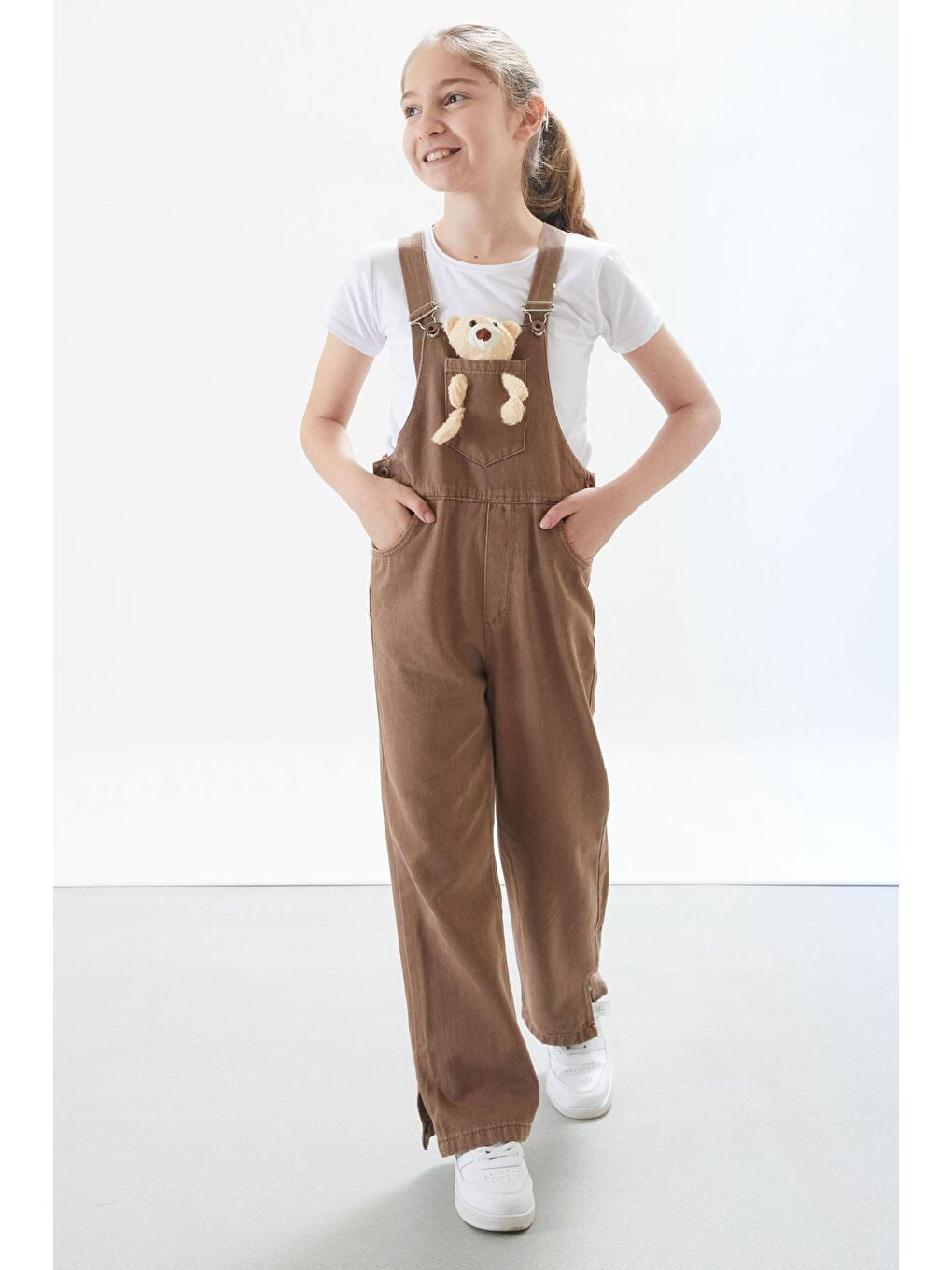 Kahverengi Ayıcık Cepli Yırtmaçlı Kız Çocuk Salopet Tulum 17712
