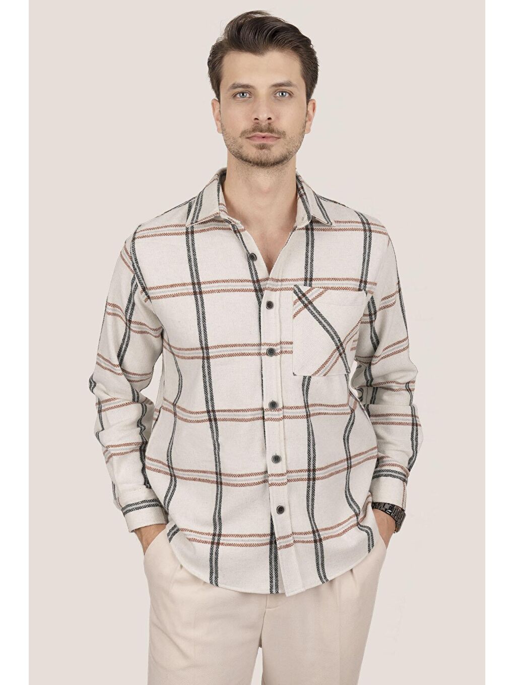 Kemik Beyaz Oversize Kalın %100 Pamuk Erkek Oduncu Gömlek-1