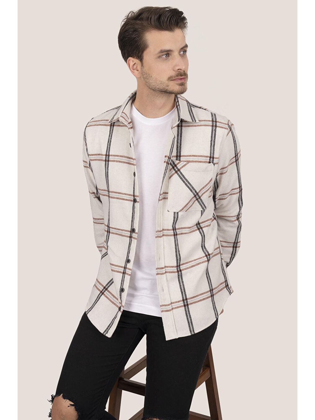 Kemik Beyaz Oversize Kalın %100 Pamuk Erkek Oduncu Gömlek-4