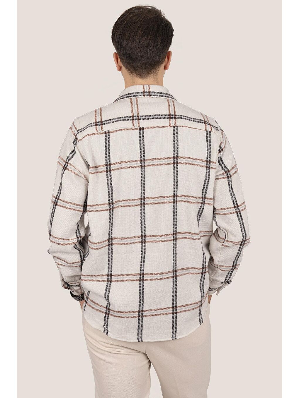 Kemik Beyaz Oversize Kalın %100 Pamuk Erkek Oduncu Gömlek-5