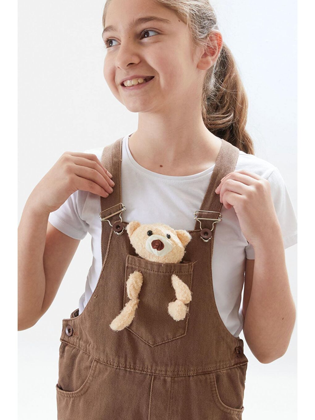 Kahverengi Ayıcık Cepli Yırtmaçlı Kız Çocuk Salopet Tulum 17712-2