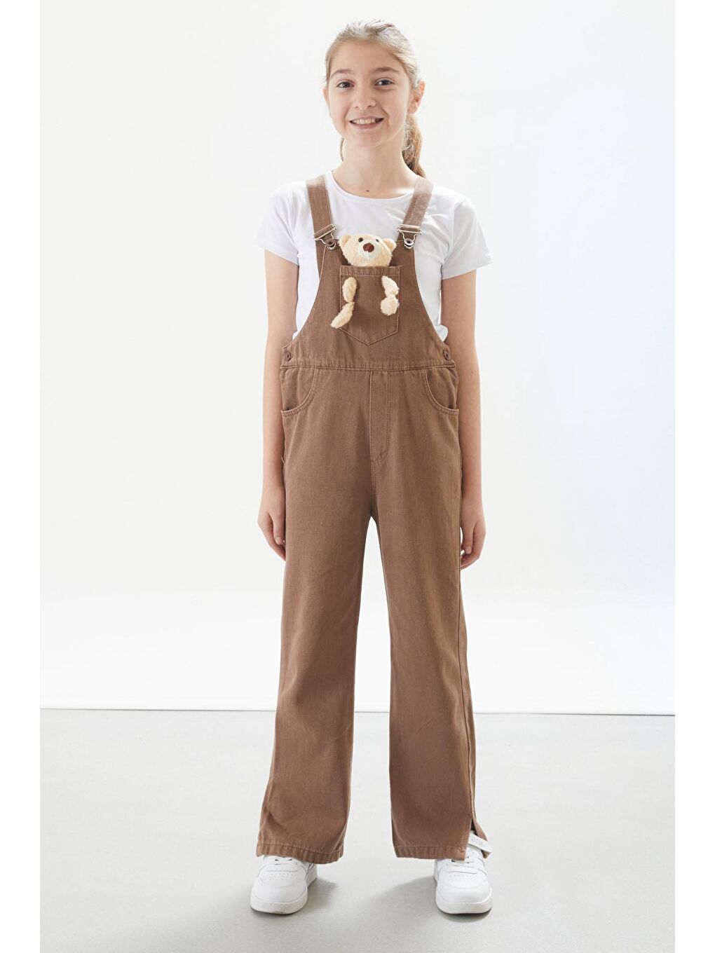Kahverengi Ayıcık Cepli Yırtmaçlı Kız Çocuk Salopet Tulum 17712-3