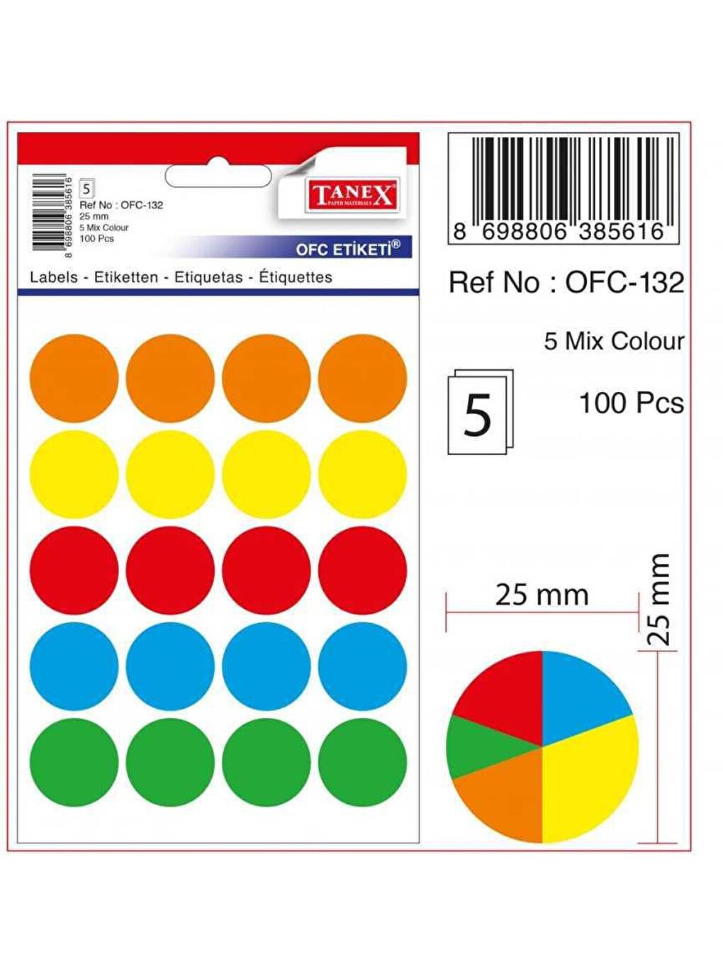 Tanex Ofc-132 Renkli Yuvarlak Ofis Etiketi 25 Mm 5 Syf-100 Adt