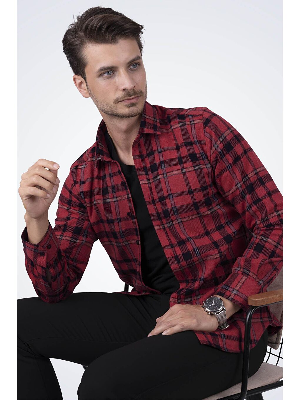 Kırmızı Mavi Çizgili SlimFit %100 Pamuk Erkek Oduncu Gömlek