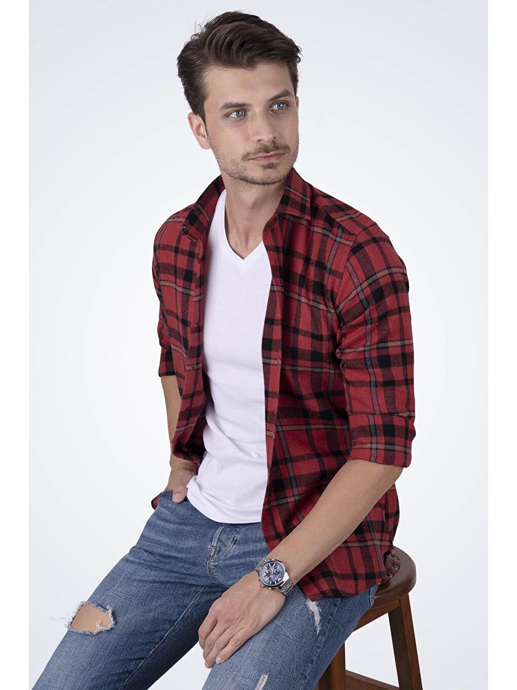 Kırmızı Mavi Çizgili SlimFit %100 Pamuk Erkek Oduncu Gömlek-2