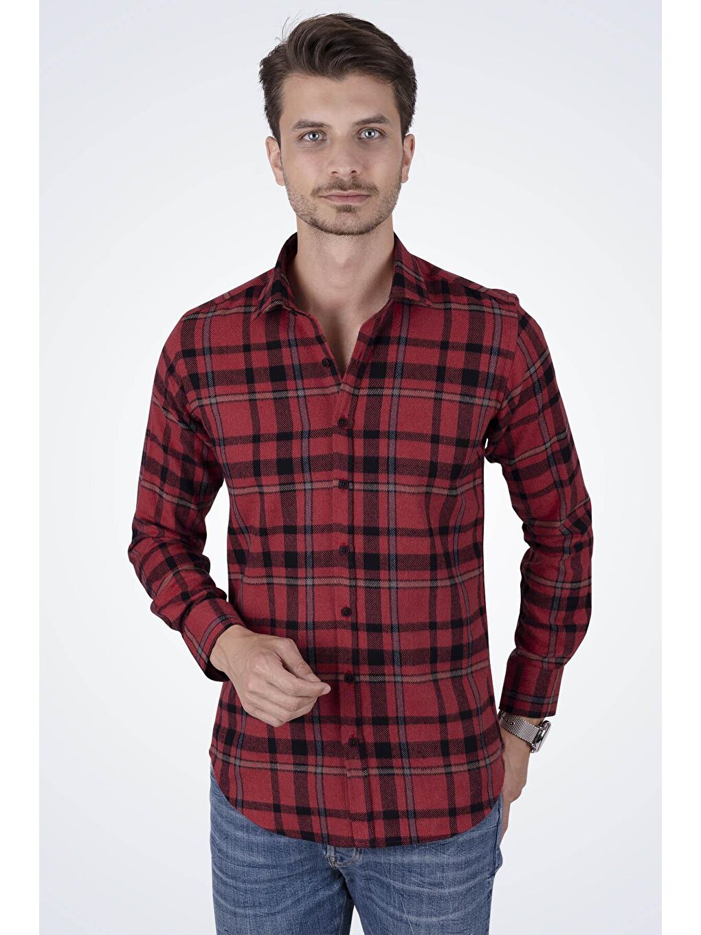 Kırmızı Mavi Çizgili SlimFit %100 Pamuk Erkek Oduncu Gömlek-4