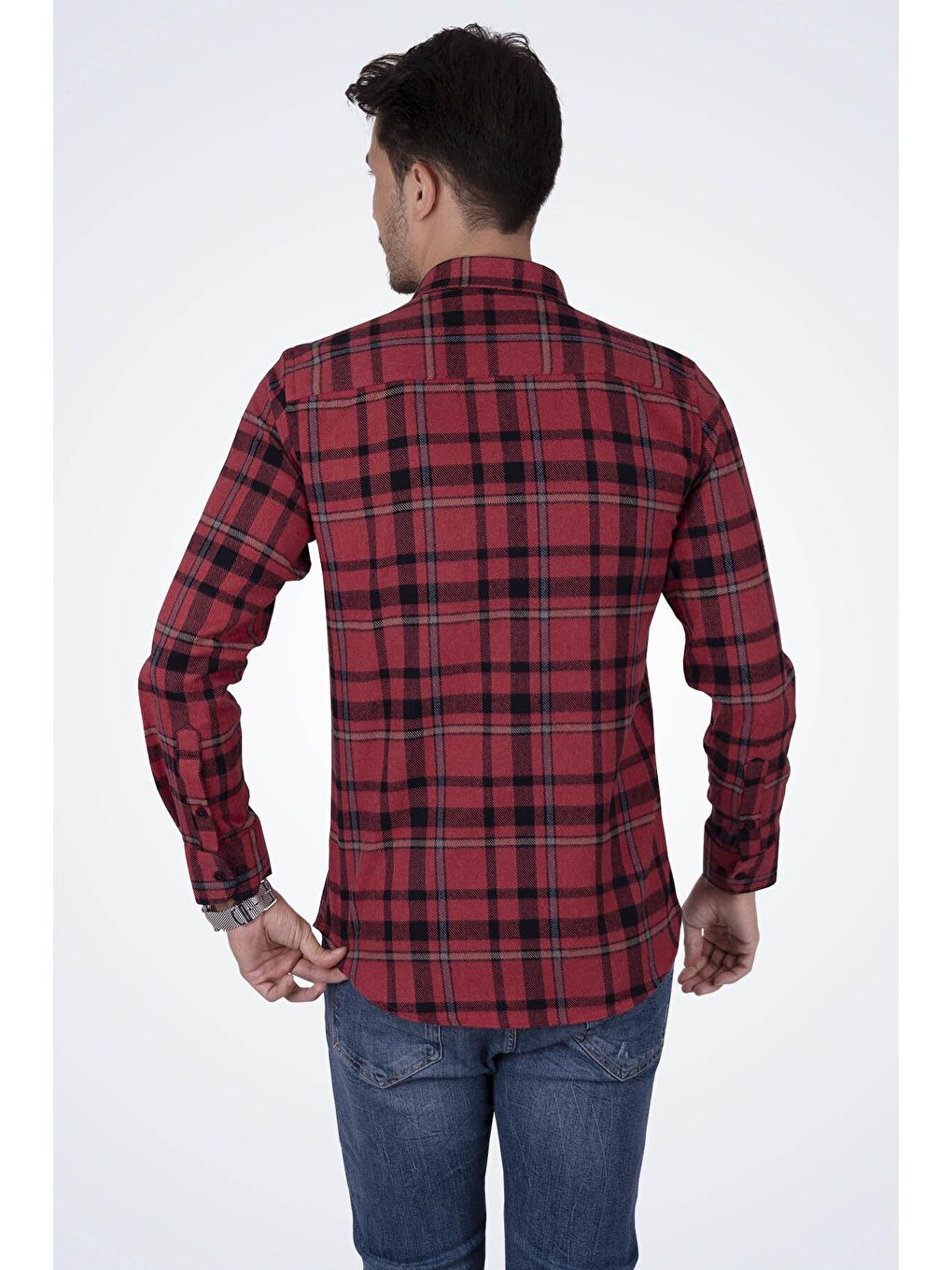 Kırmızı Mavi Çizgili SlimFit %100 Pamuk Erkek Oduncu Gömlek-6