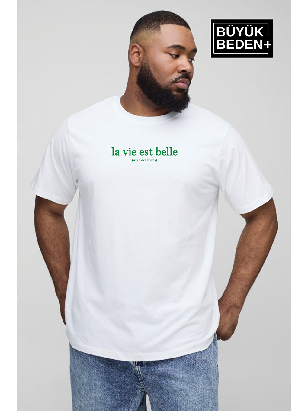 Beyaz Erkek  La Vie Est Belle Baskılı Bisiklet Yaka Büyük Beden Tişört SPR25BT910