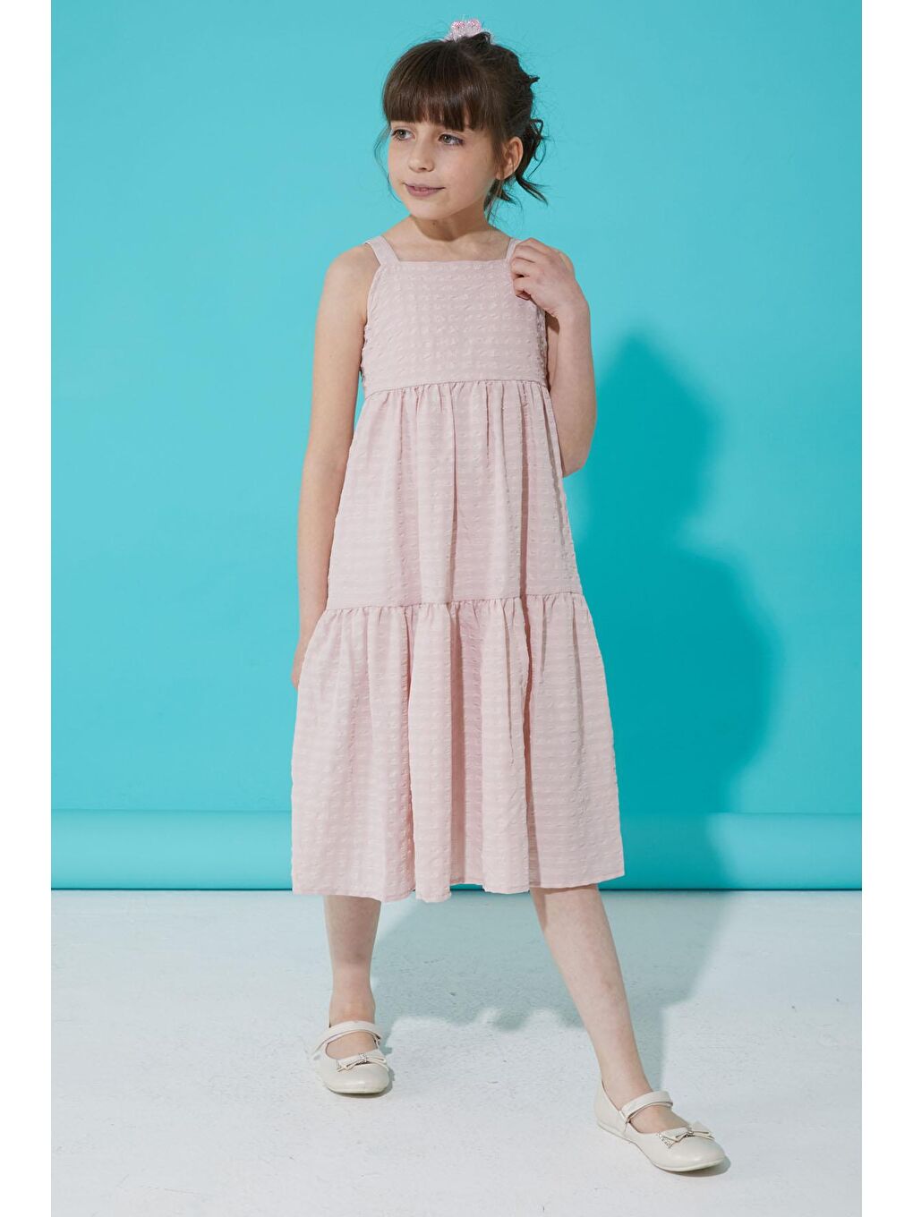 Toz Pembe Desenli Kız Çocuk Askılı Elbise 15300