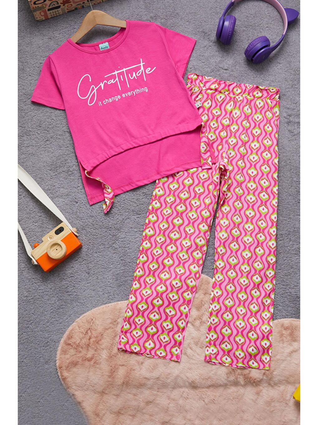 Kız Çocuk Pembe Yazılı Pantolonlu Bluz Takım 15270