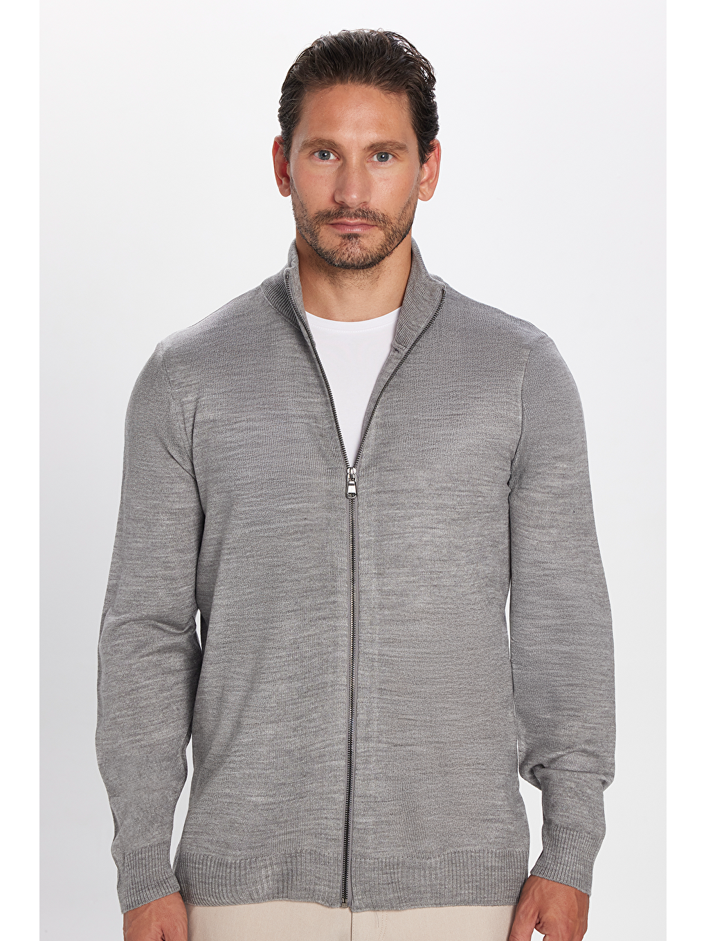 TUDORS Erkek Slim Fit Dar Kesim Gri Dik Yaka Fermuarlı Düz Hırka - 3