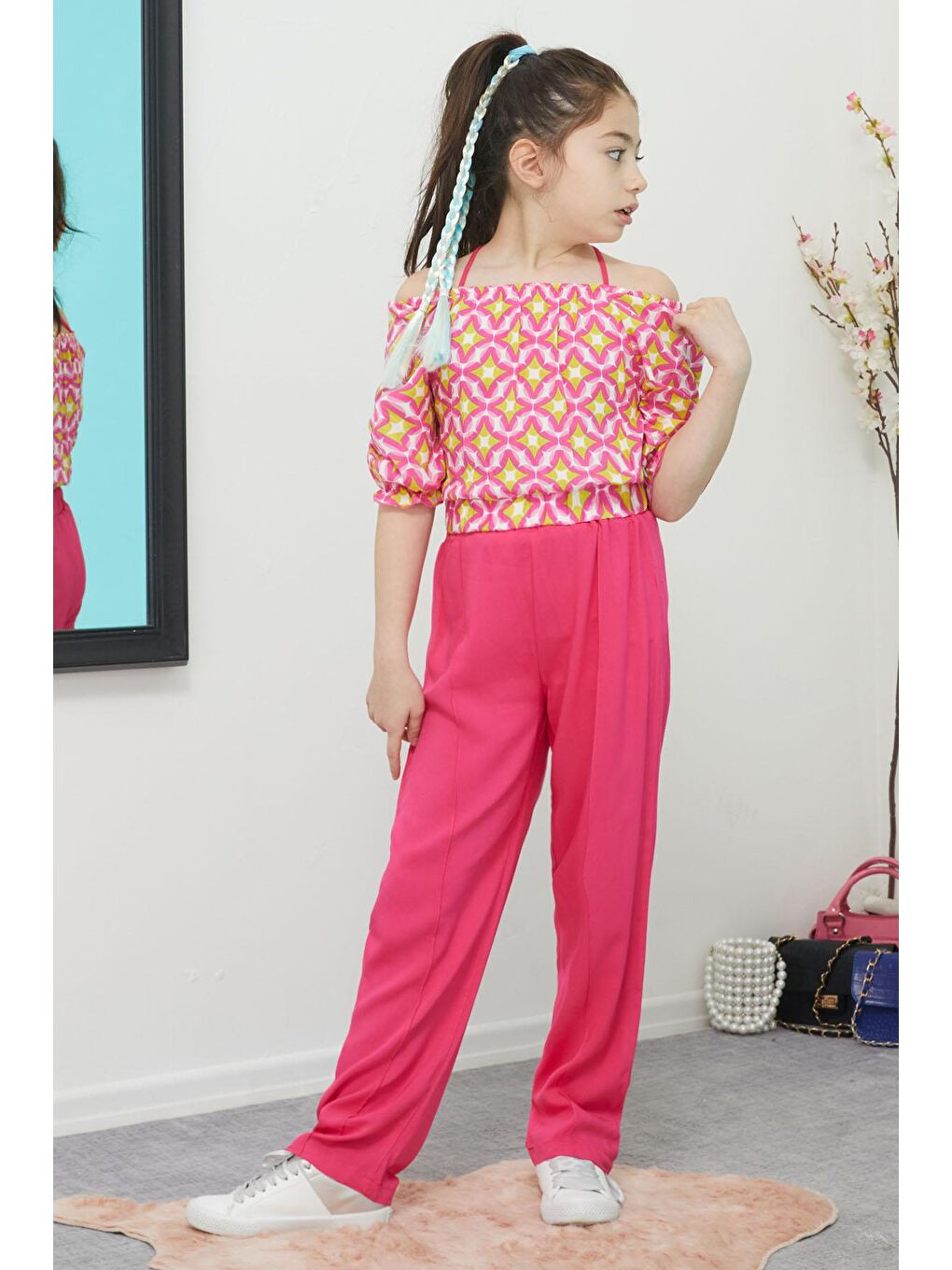 Pembe Desenli Bluz ve Pantolonlu Kız Takım 15390