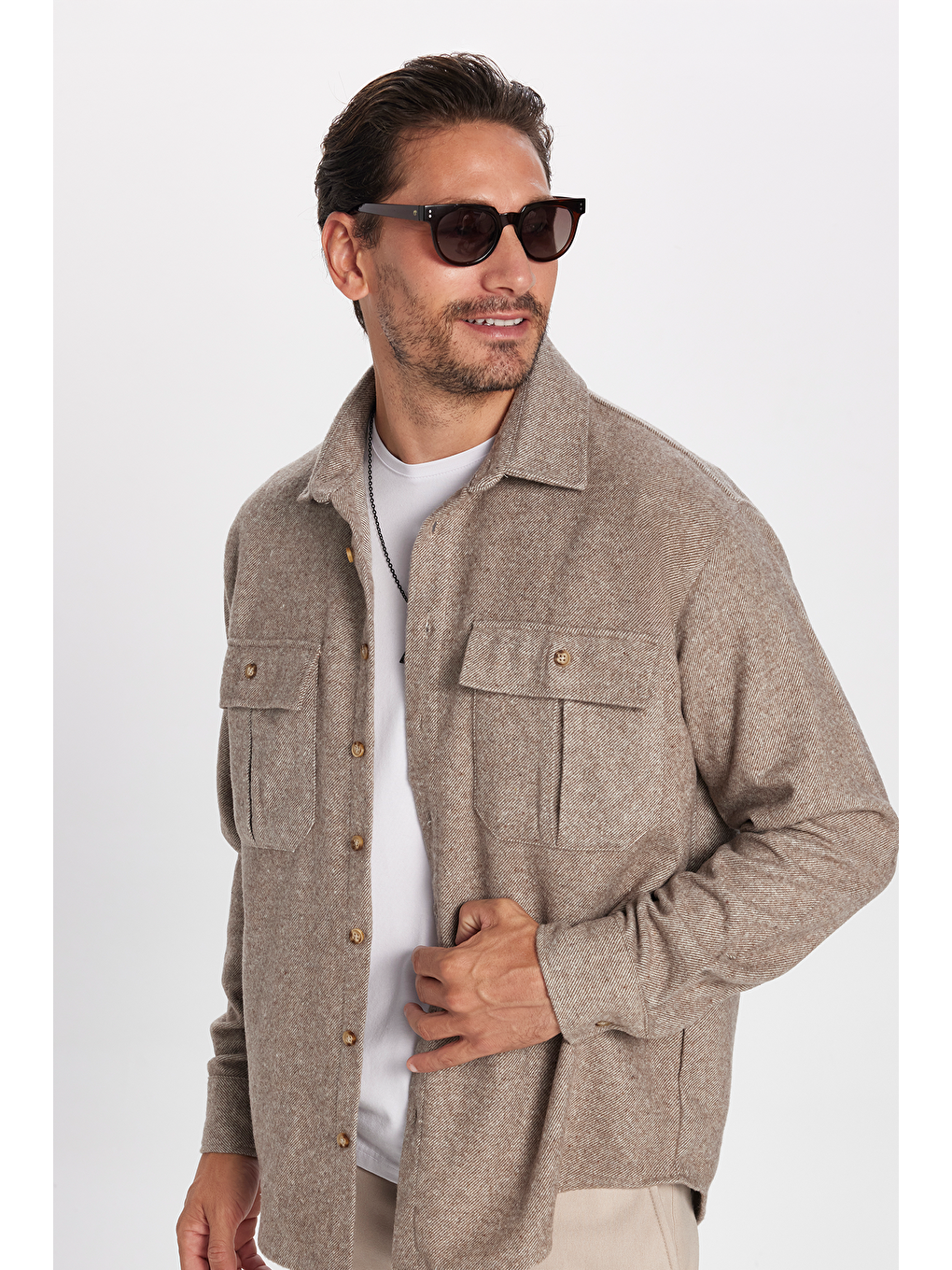 Bej Erkek Relax Fit Rahat Kesim Oduncu Çift Cep Düğmeli Düz Taş Renk Kışlık Gömlek