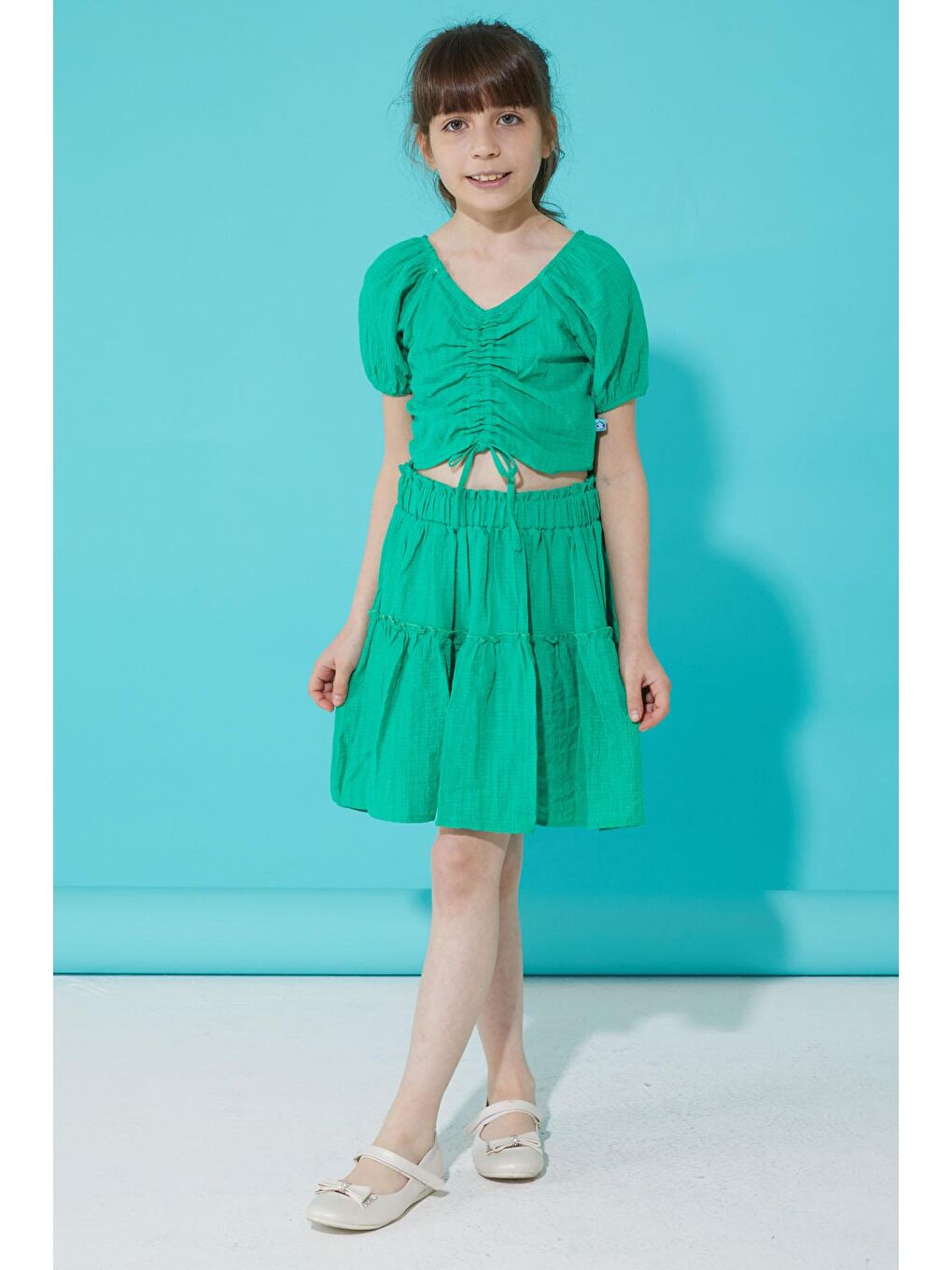 Yeşil Etekli Askılı Bluzlu Kız Çocuk Takım 15342-1