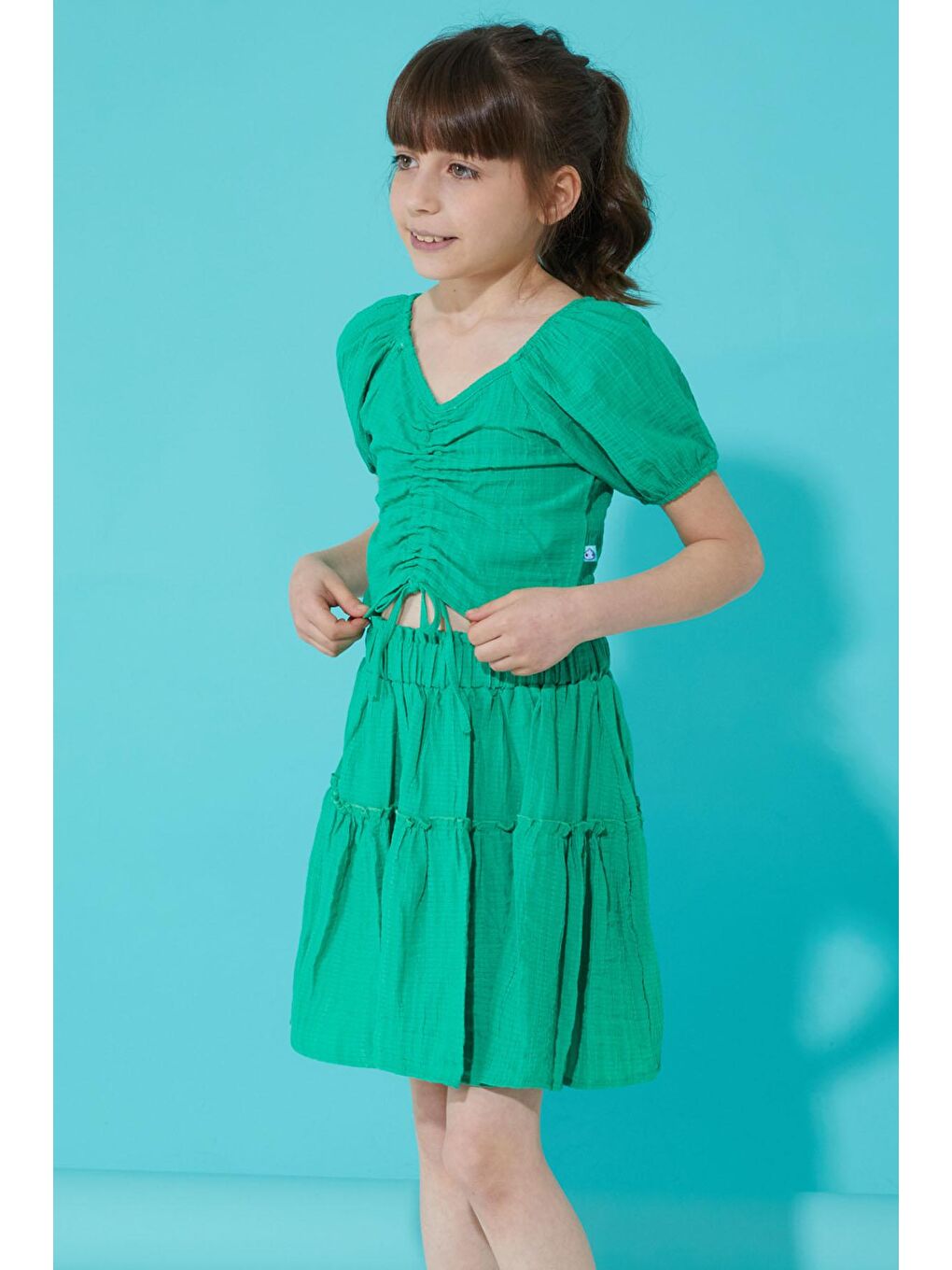 Yeşil Etekli Askılı Bluzlu Kız Çocuk Takım 15342-2