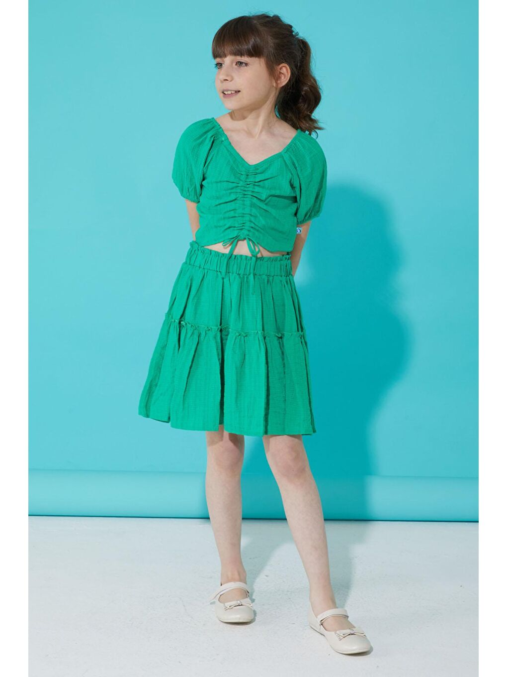Yeşil Etekli Askılı Bluzlu Kız Çocuk Takım 15342-3